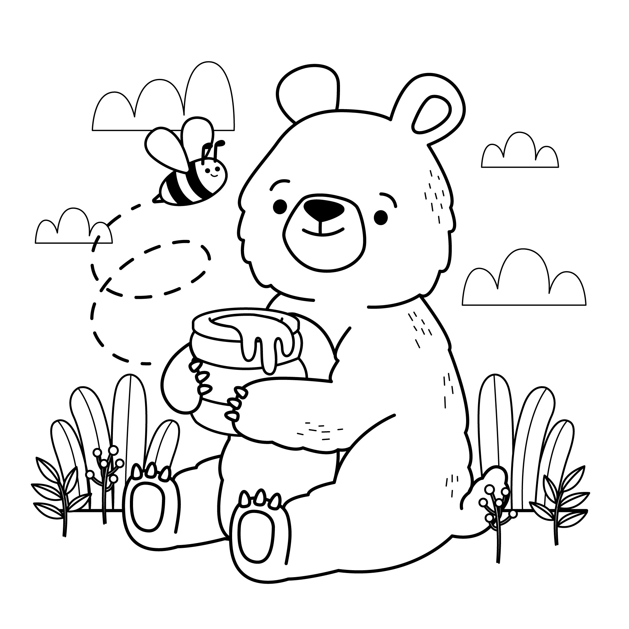 Раскраска для детей: медведь с бочонком меда и пчелой