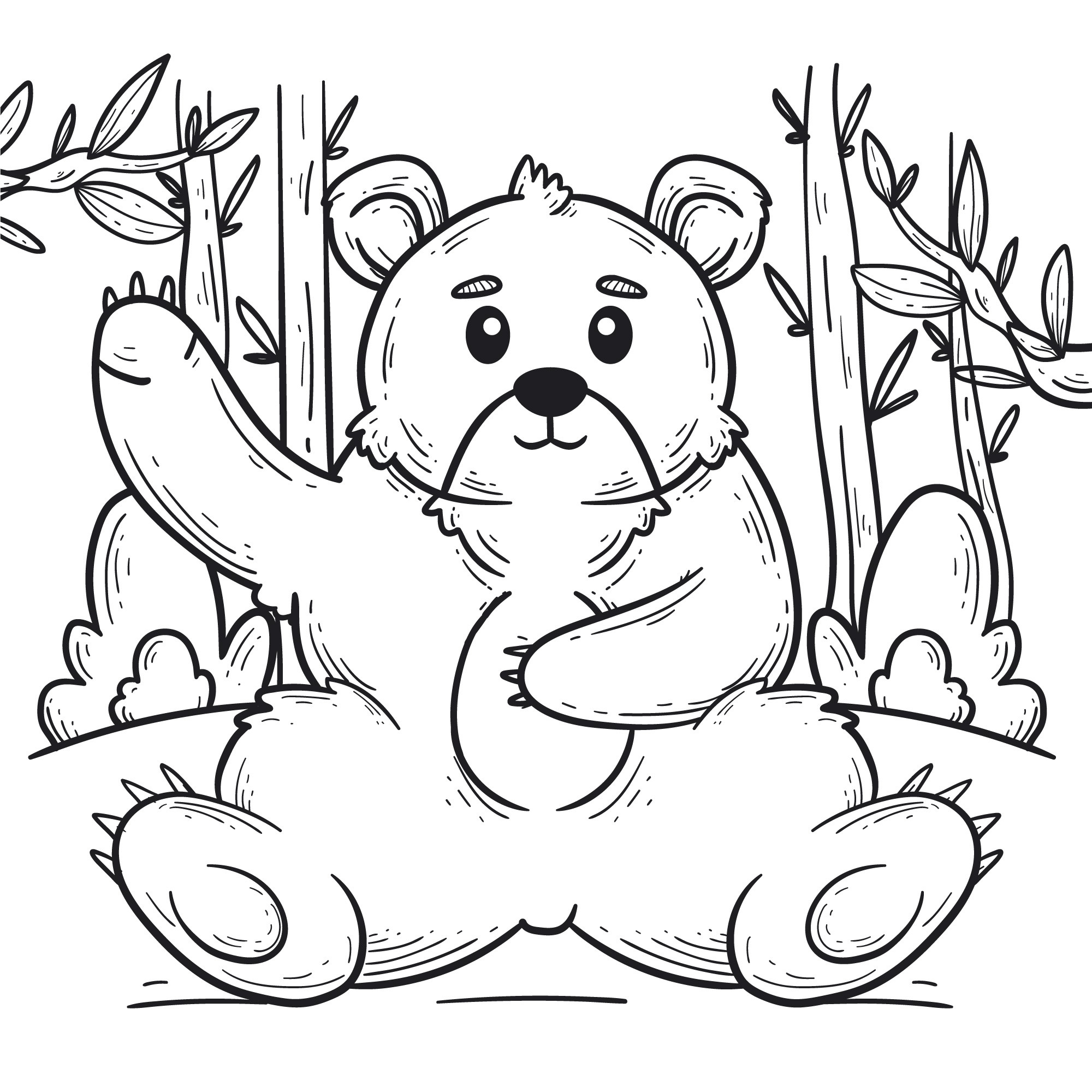 Раскраска для детей: медведь сидит на поляне и машет лапой
