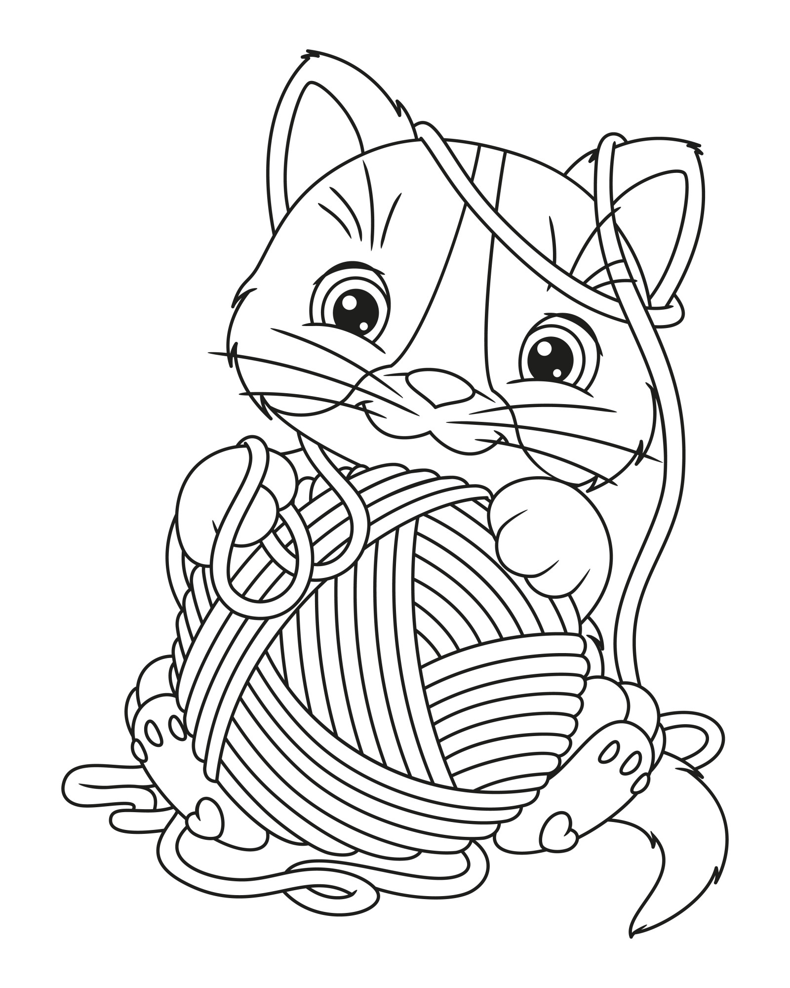 Раскраска для детей: кошка с клубком пряжи