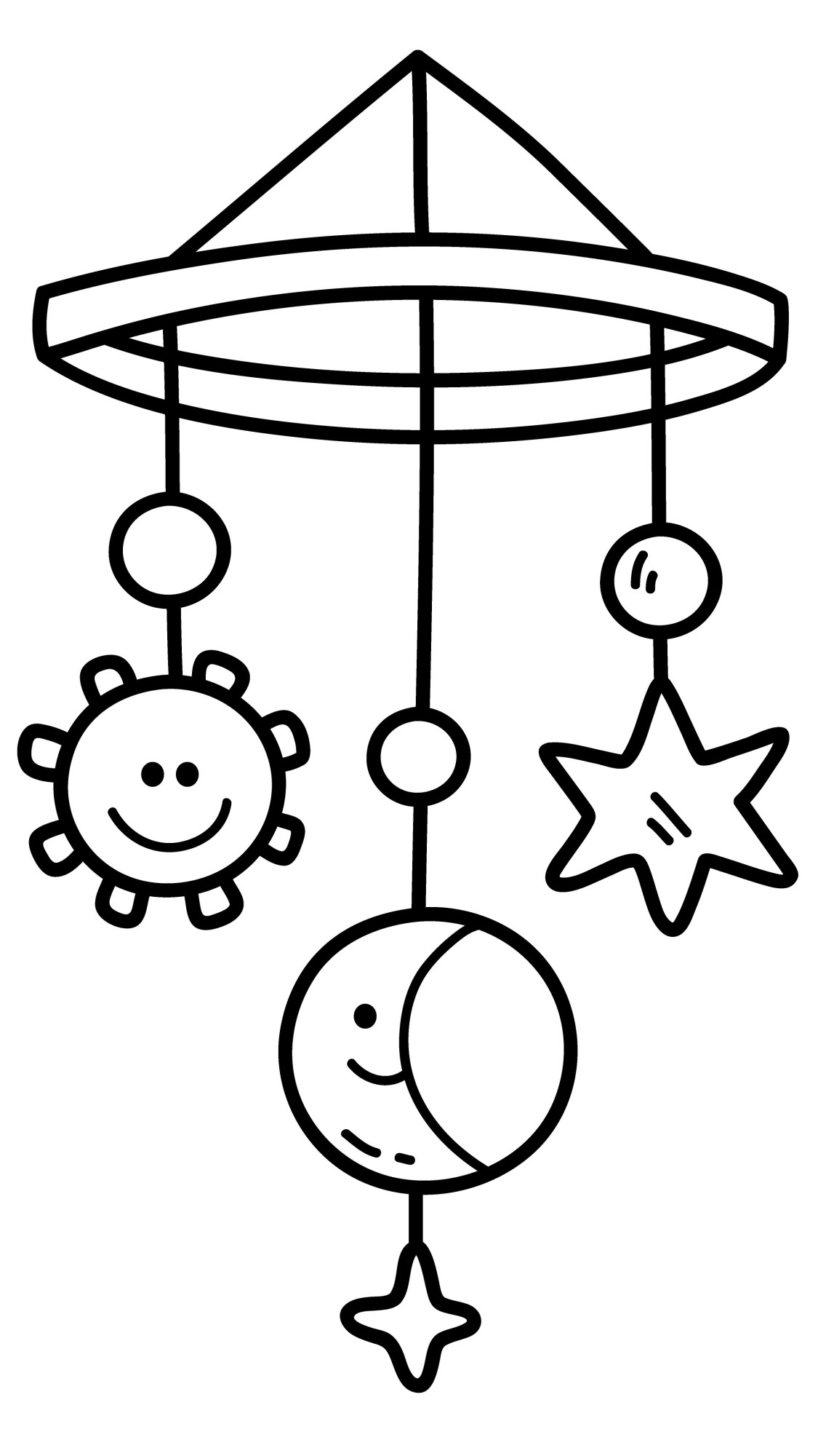Раскраска для детей: игрушки колыбельные солнышко, звездочка и луна