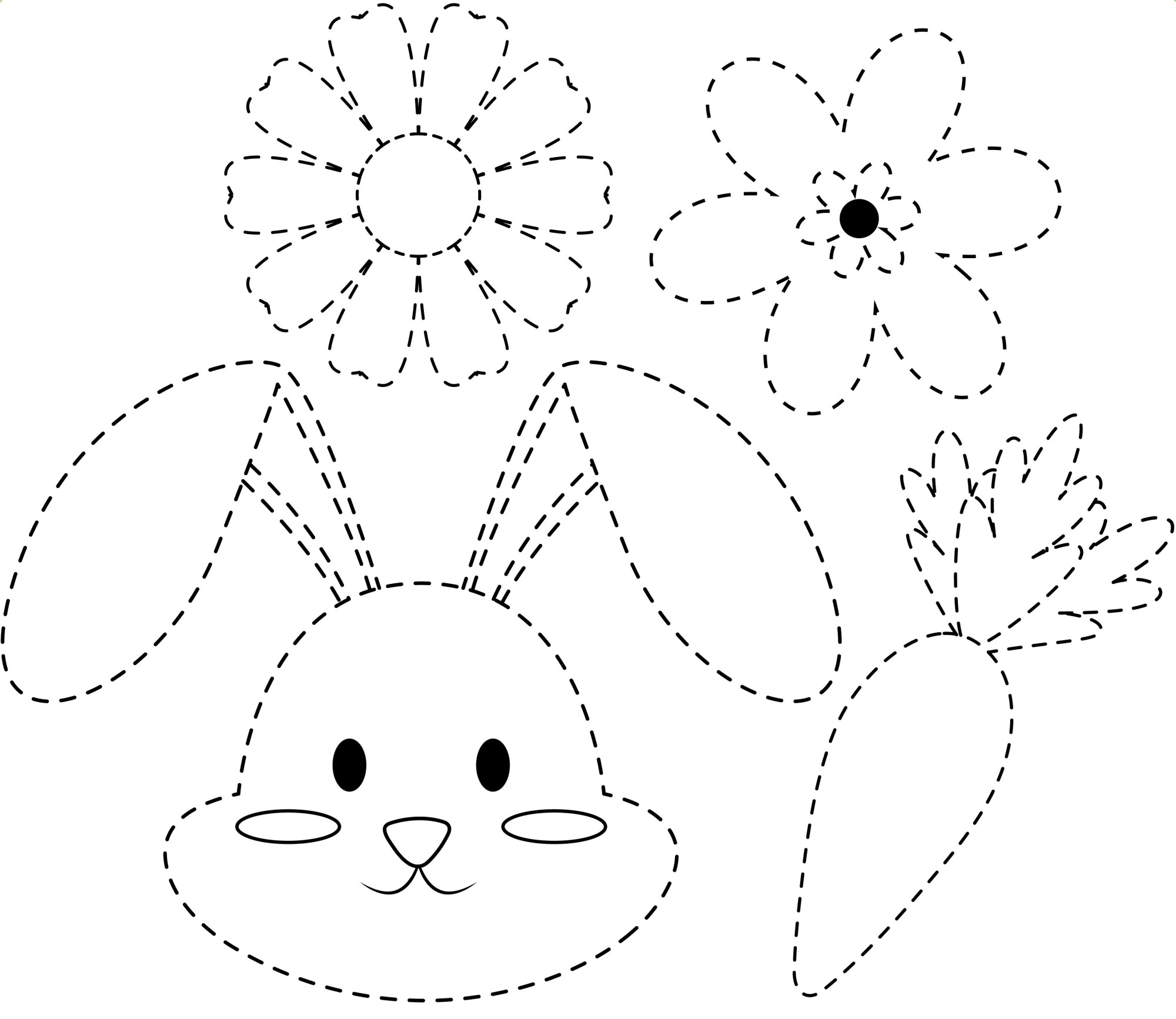 Раскраска для детей: мордочка зайца на фоне цветов и морковки по точкам