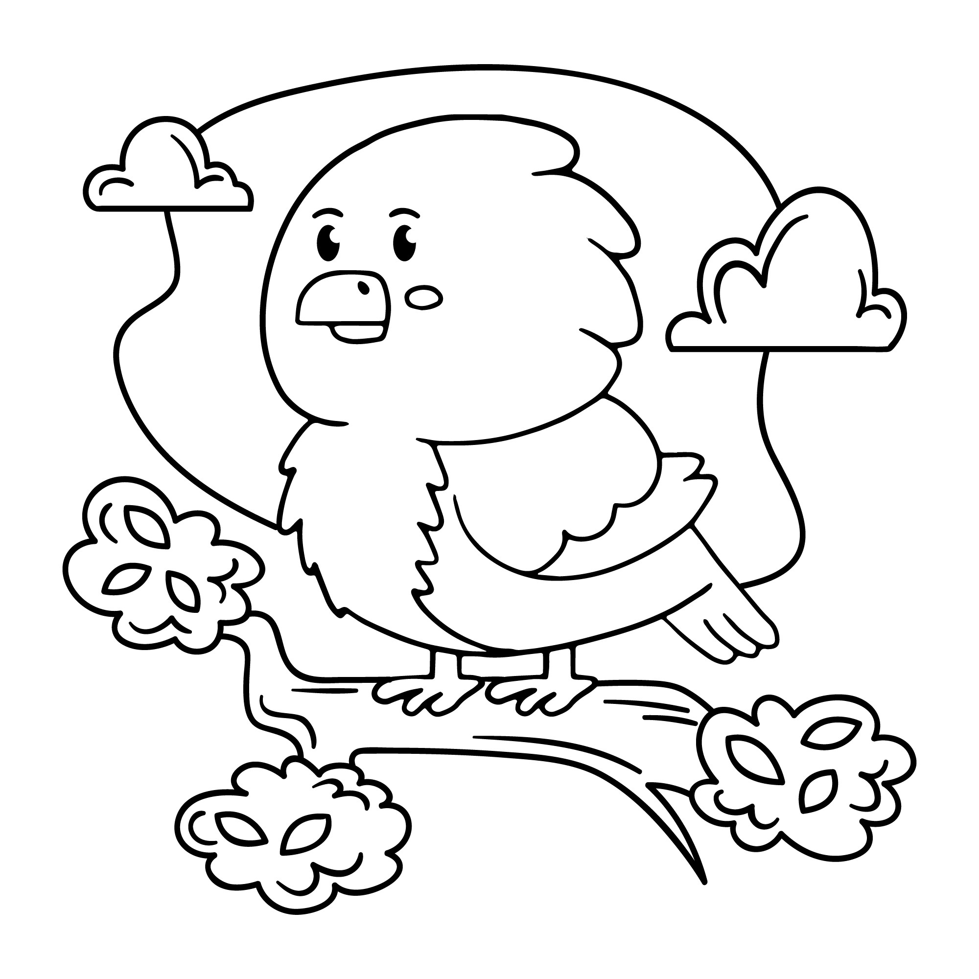 Раскраска для детей: птица на ветке «Сияющее перо»