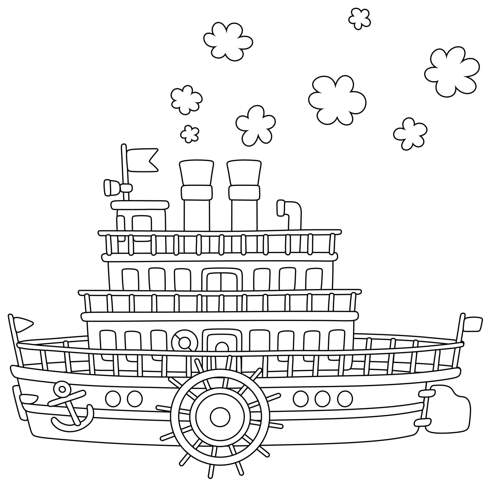 Раскраска для детей: старый корабль пароход с большим колесом