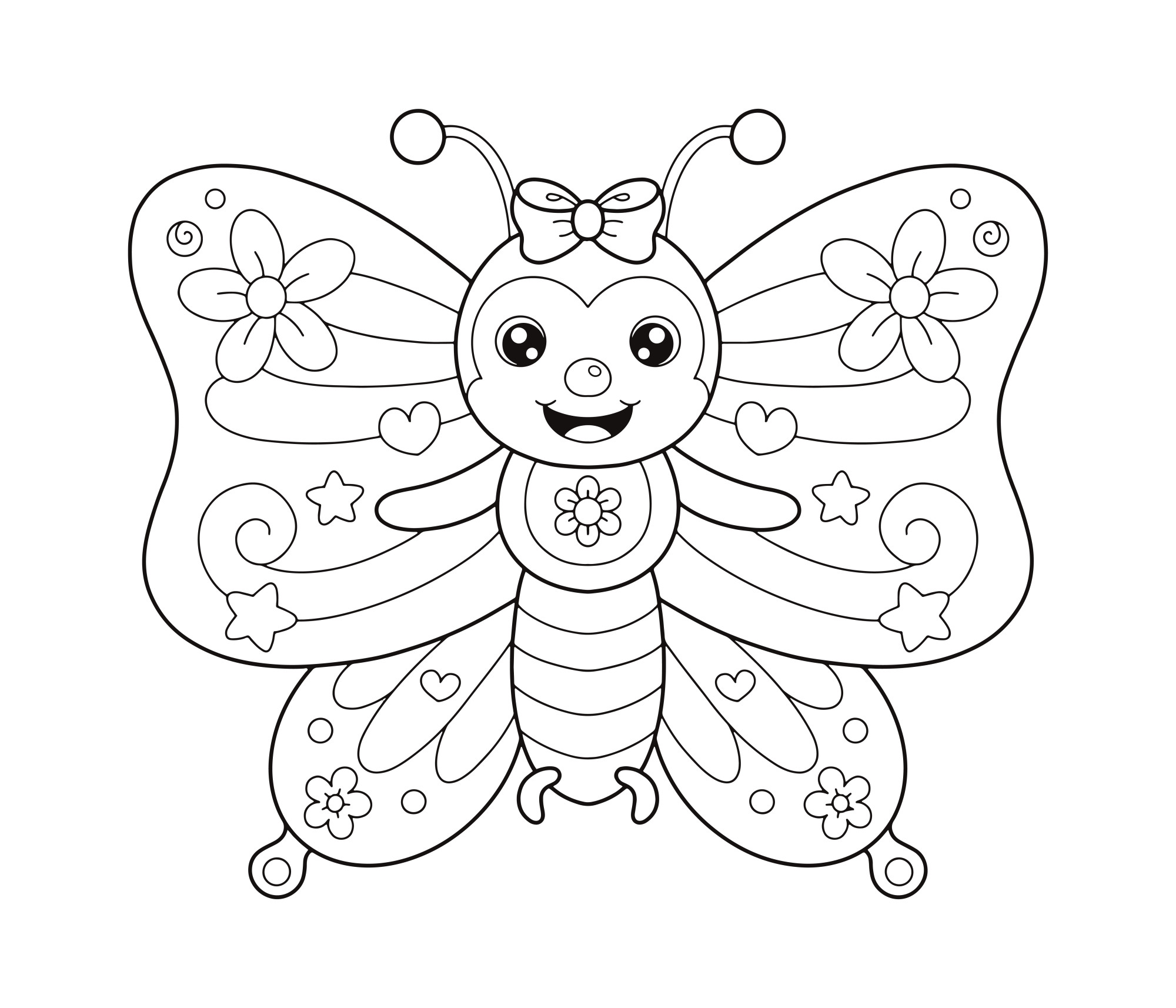Раскраска для детей: мультяшная бабочка с цветочками на крыльях