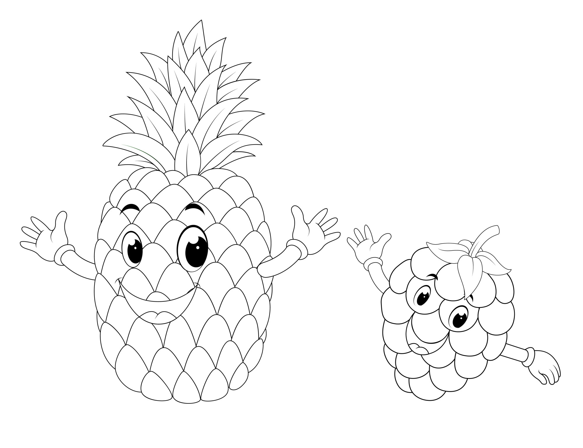 Раскраска для детей: мультяшные ананас с малиной с лицами и руками