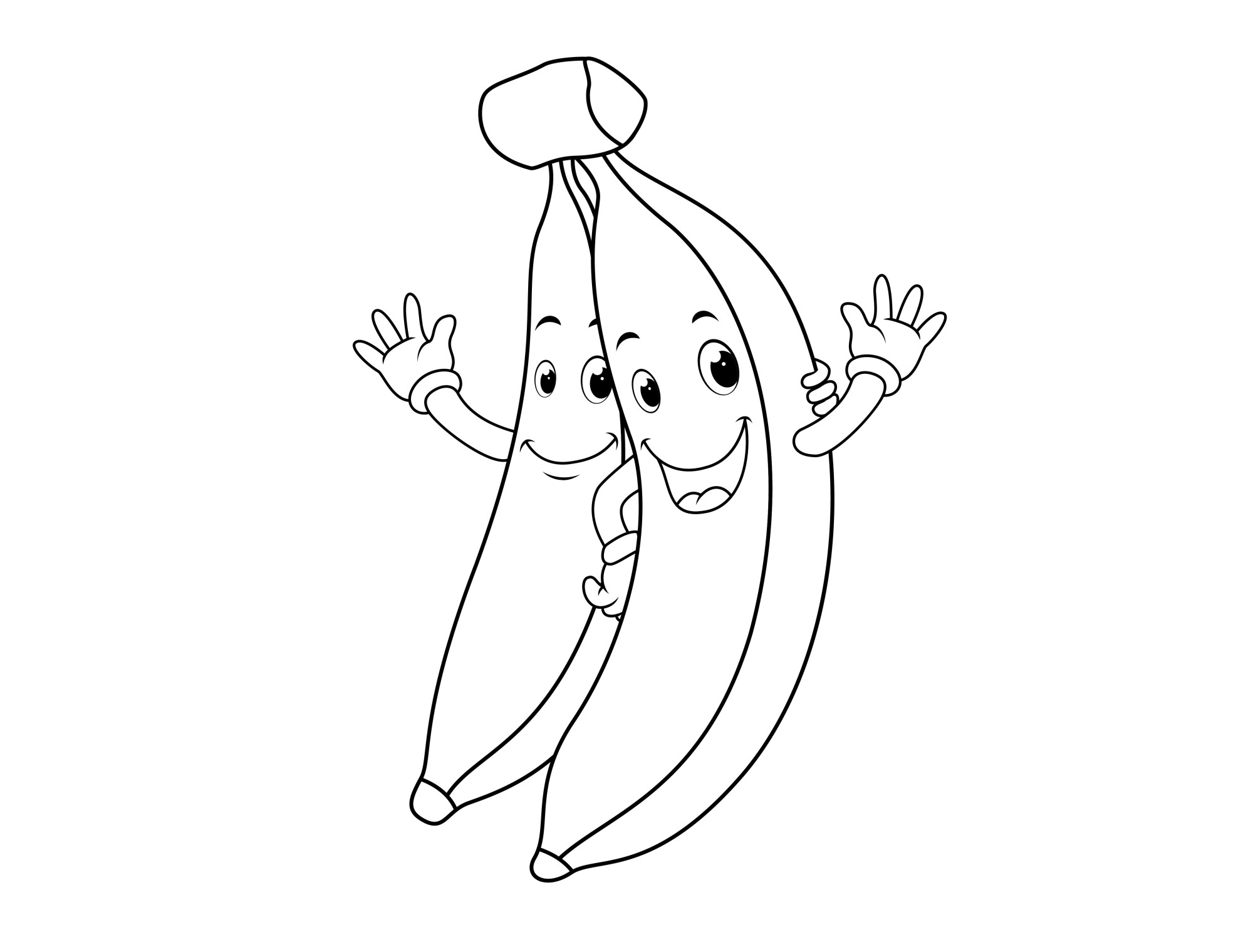 Раскраска для детей: два банана с лицами машут руками