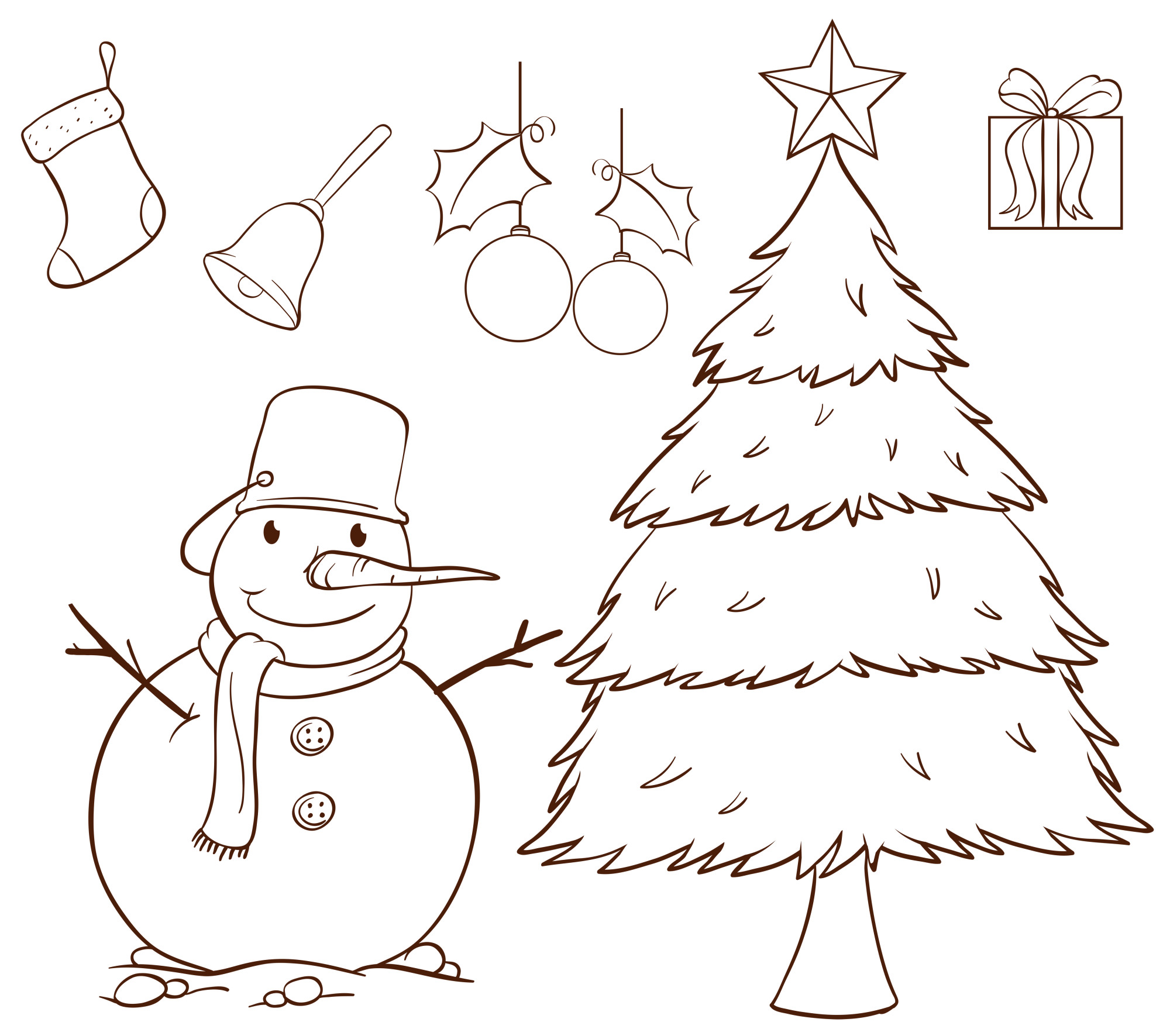 Раскраска для детей: новогодняя ёлка и снеговик