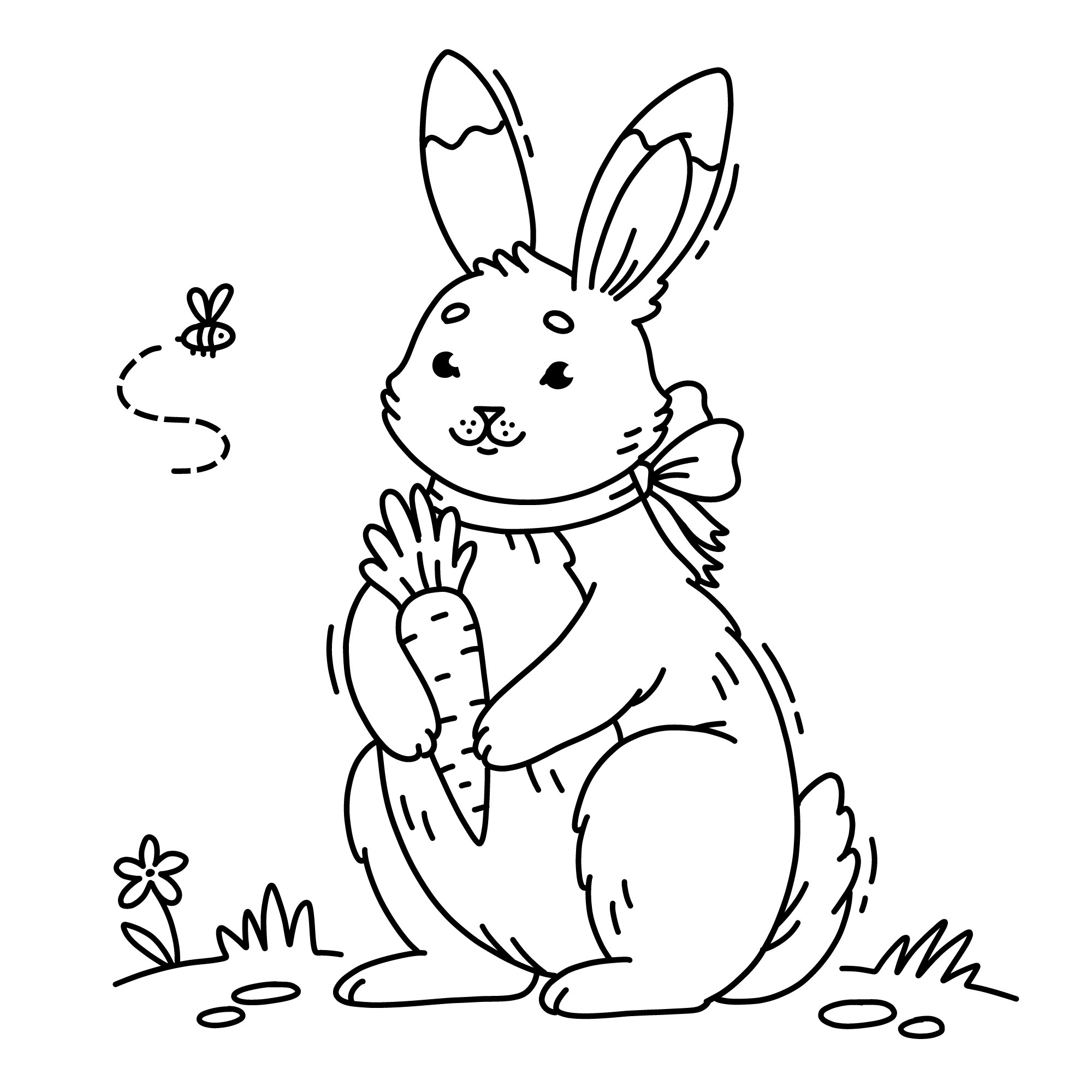 Раскраска для детей: заяц с морковкой в лапах
