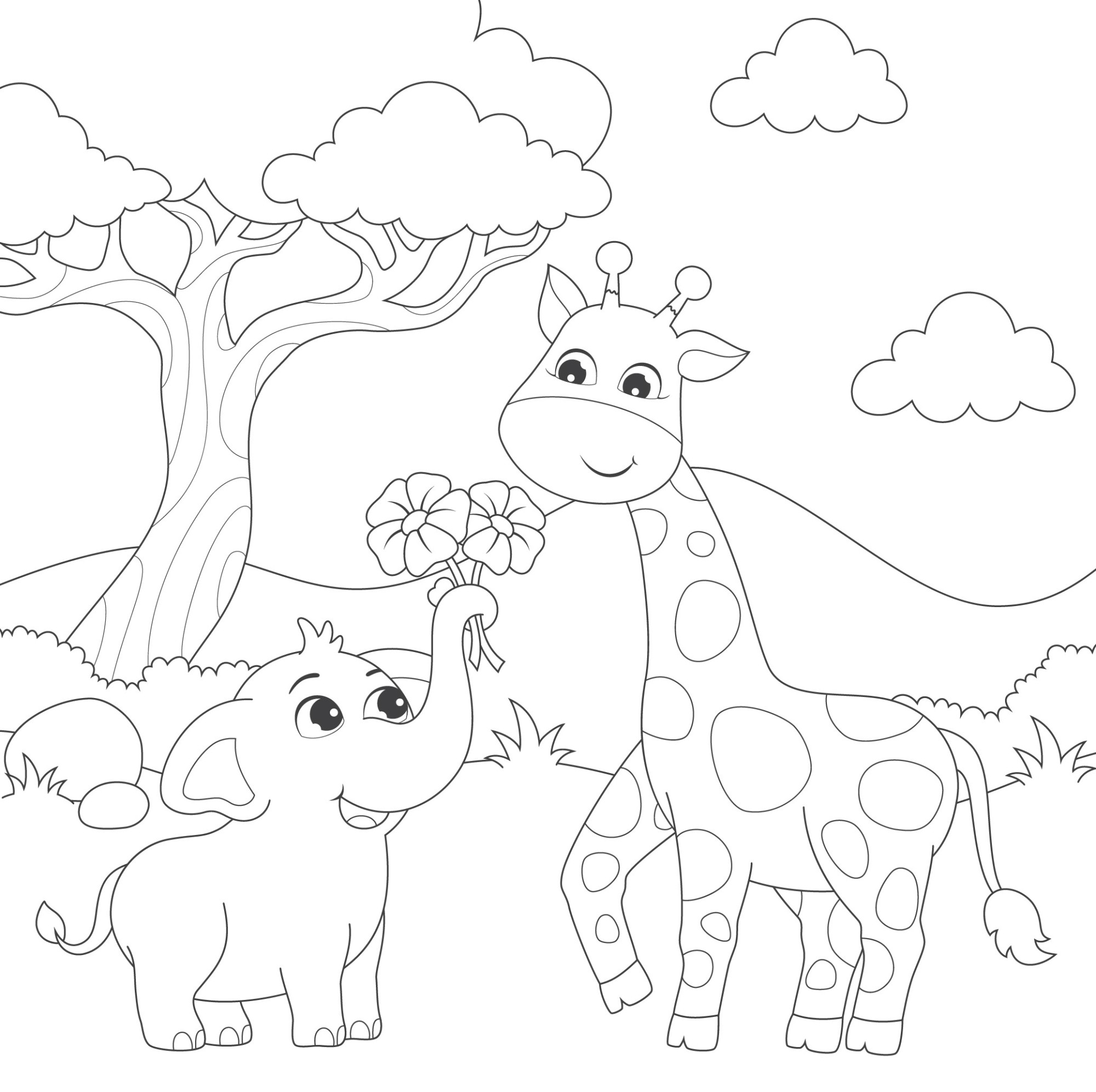 Раскраска для детей: жираф и слон на лугу