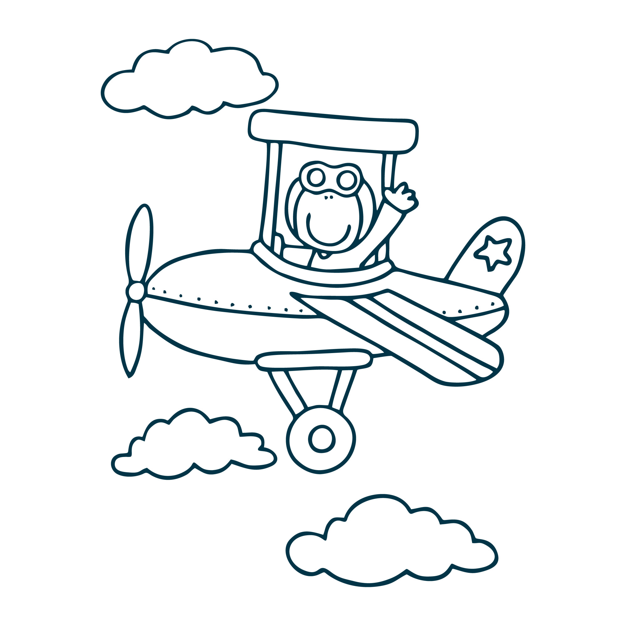 Раскраска для детей: игрушечный самолет в облаках и звездой на хвосте