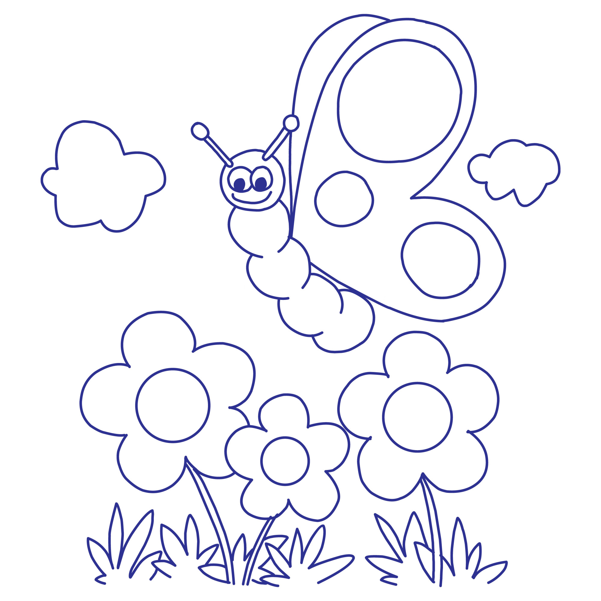 Раскраска для детей: бабочка летит над полем с цветами