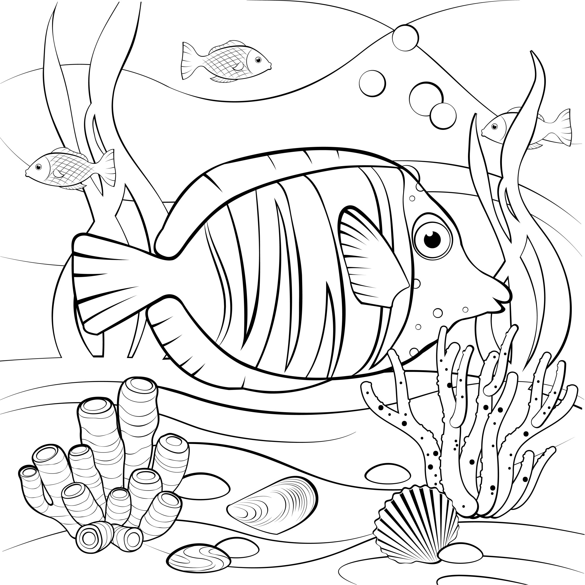 Раскраска для детей: тропическими рыбы с кораллами в воде