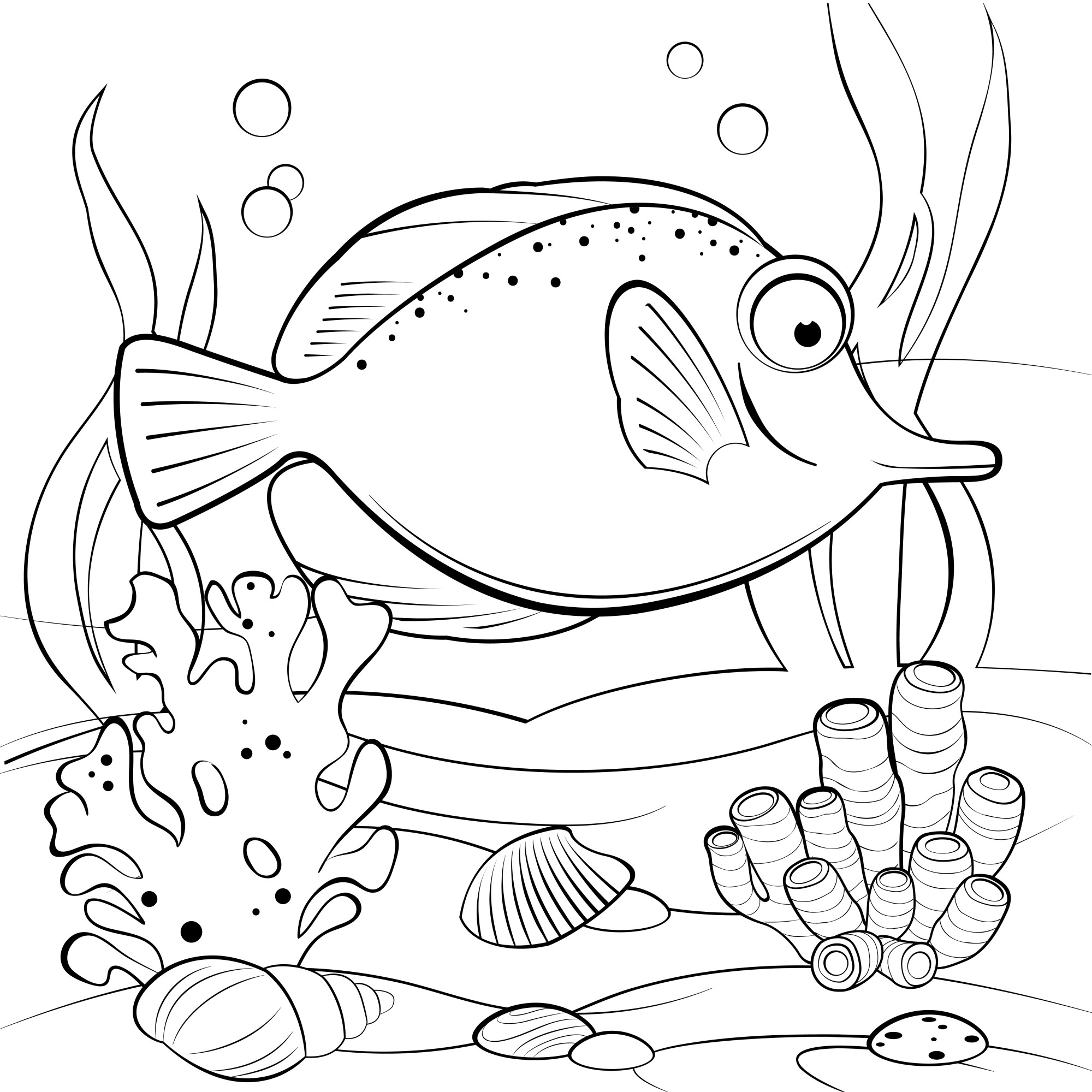 Раскраска для детей: тропическая рыба с кораллами