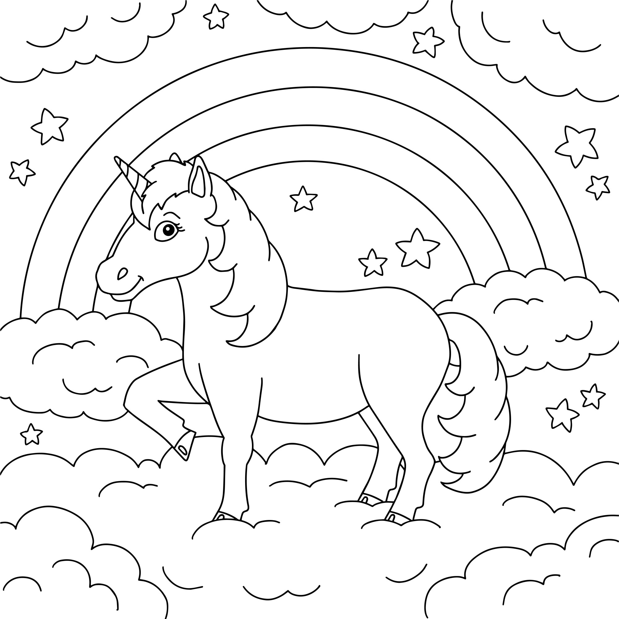 Раскраска для детей: единорог на фоне радуги и звезд