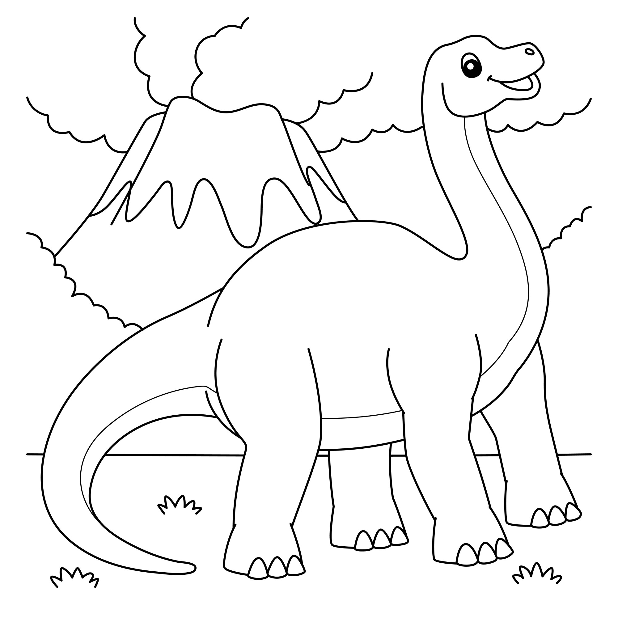 Раскраска для детей: бронтозавр на фоне гор и облаков