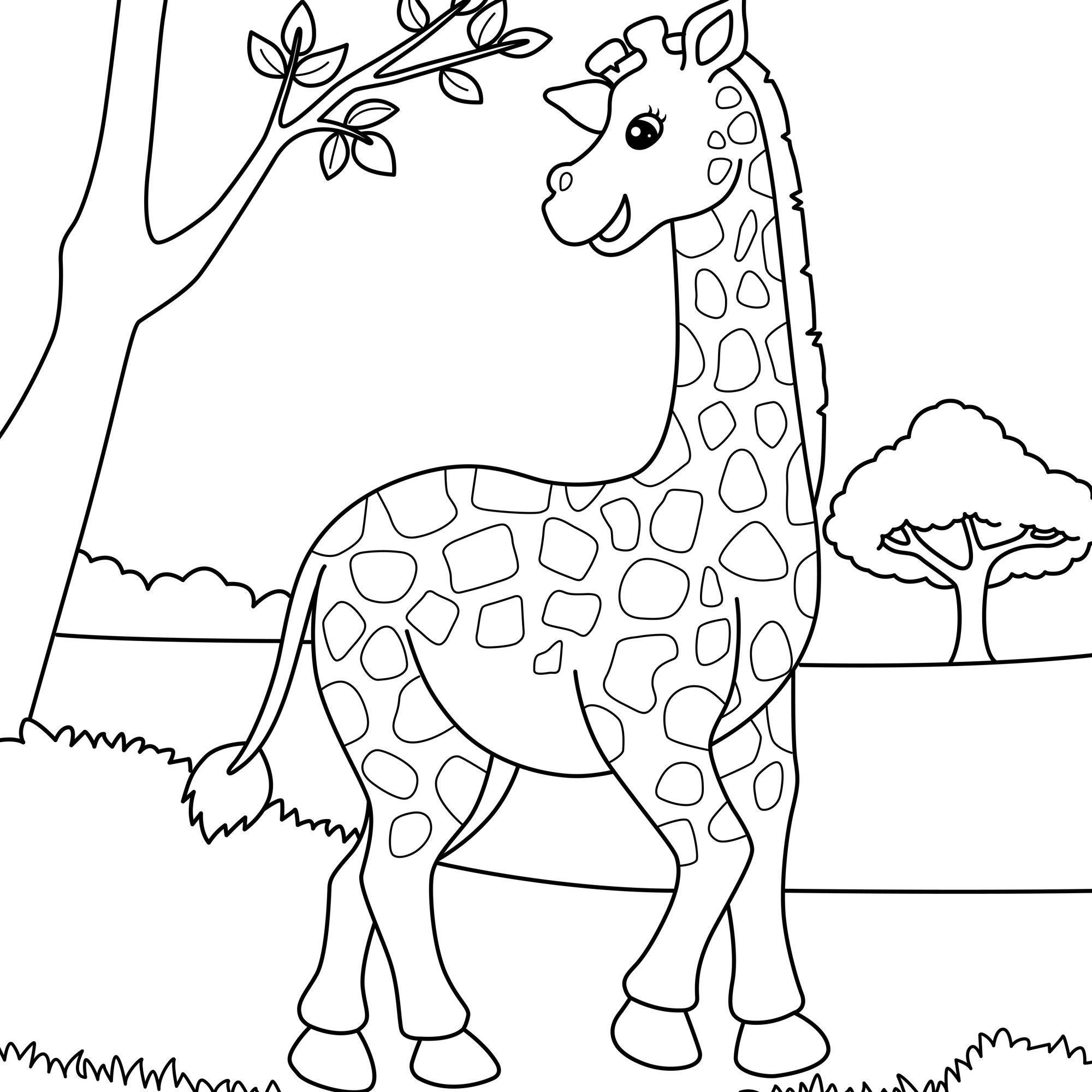 Раскраска для детей: жираф в поле стоит у дерева