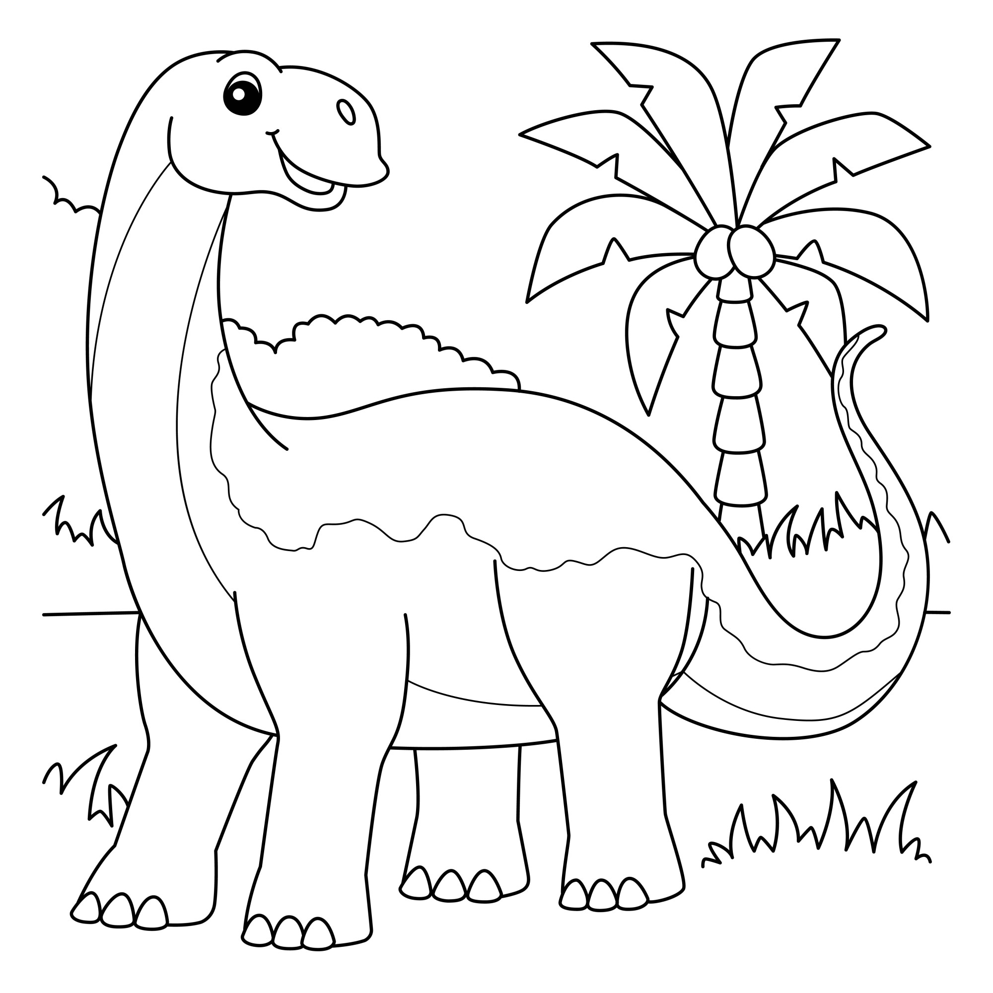 Раскраска для детей: динозавр джобария у пальмы