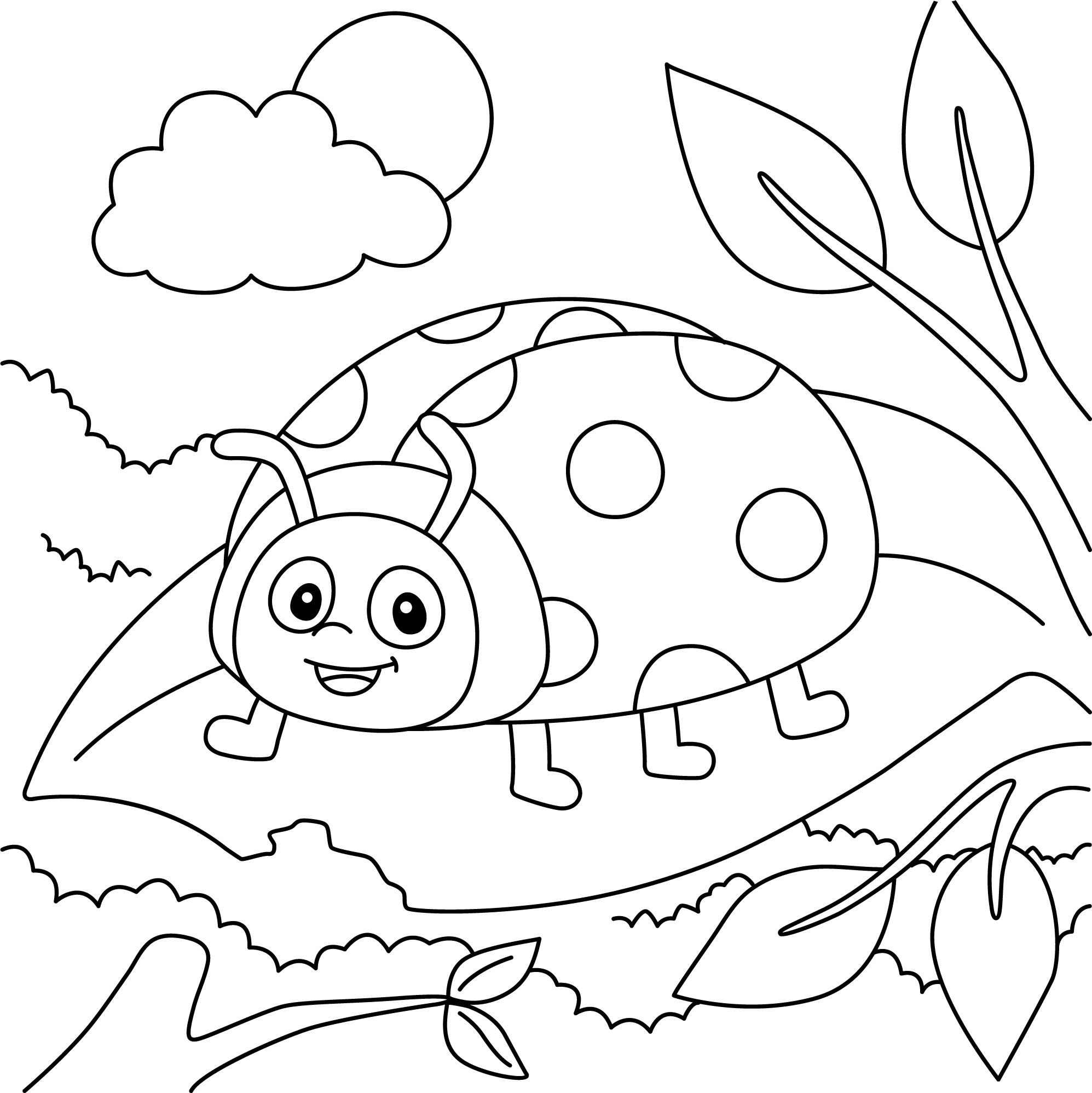 Раскраска для детей: божья коровка стоит на листочке на фоне облаков