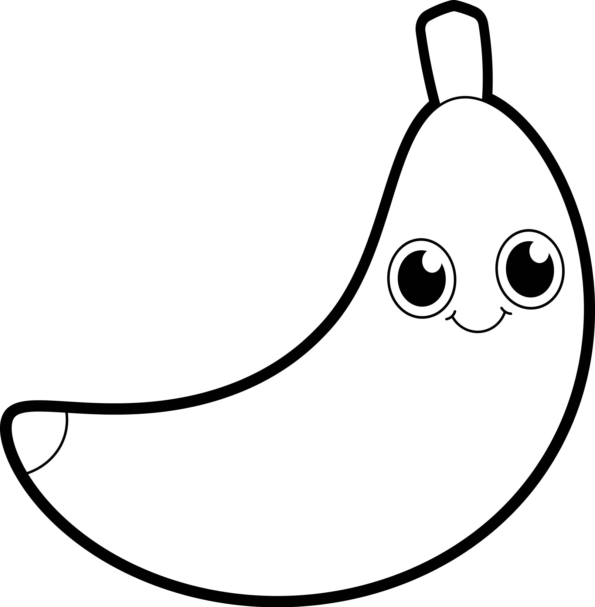 Раскраска для детей: желтый банан с глазами улыбается