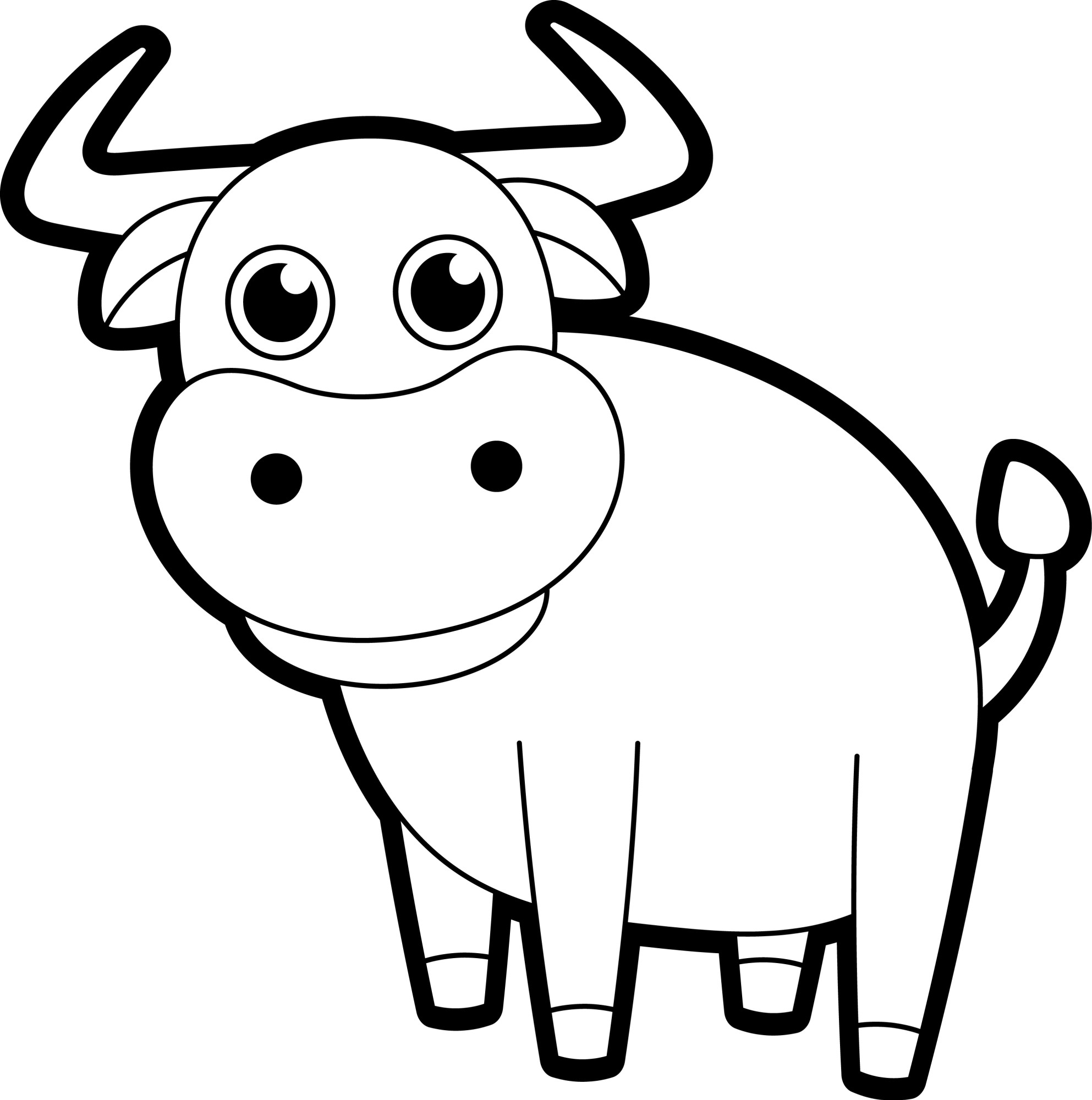 Раскраска для детей: мультяшный бык с большими рогами