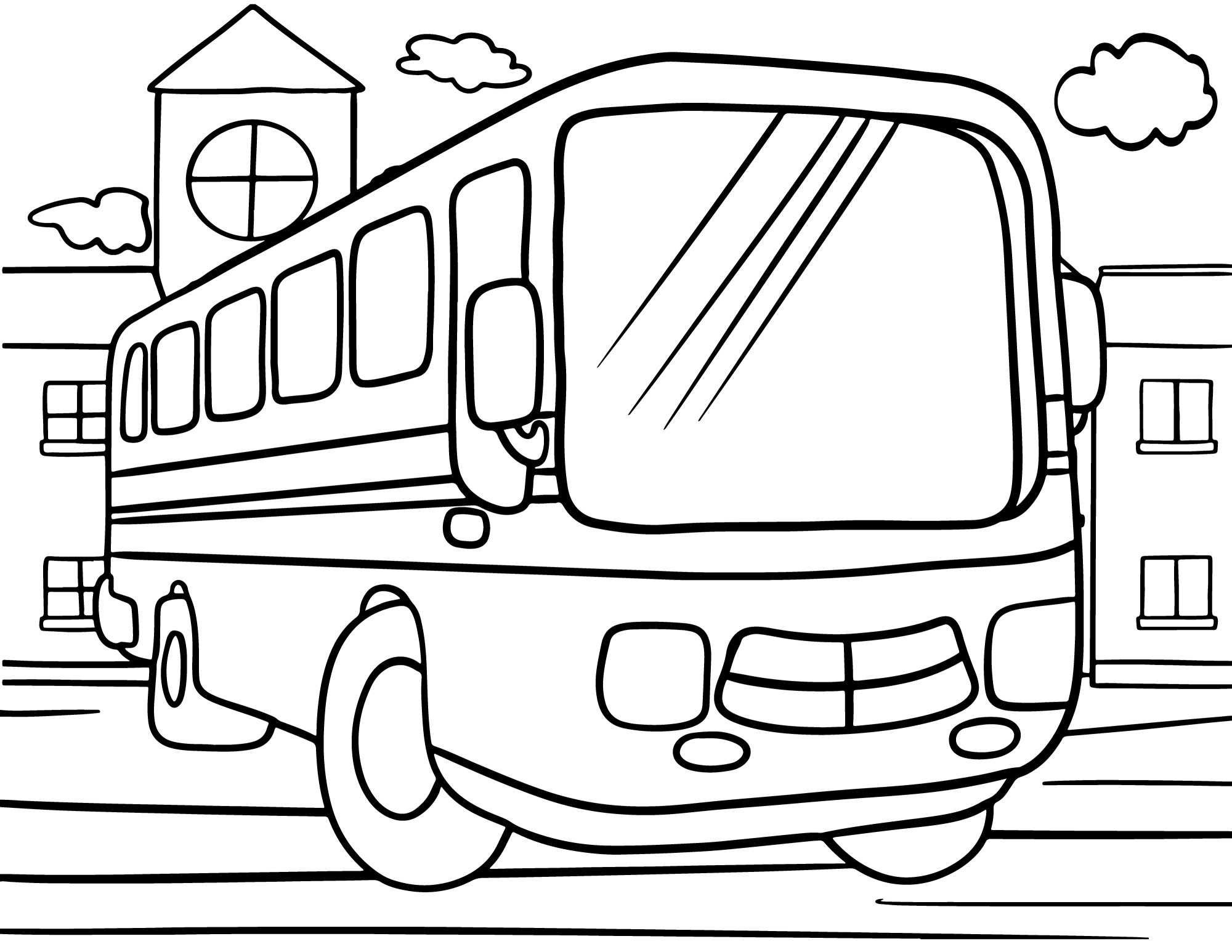 Раскраска для детей: городской автобус стоит на дороге