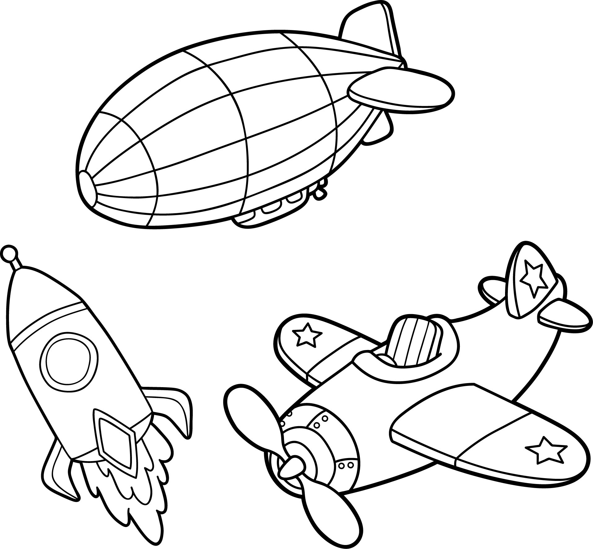 Раскраска для детей: игрушки: космическая ракета, самолет, дирижабль