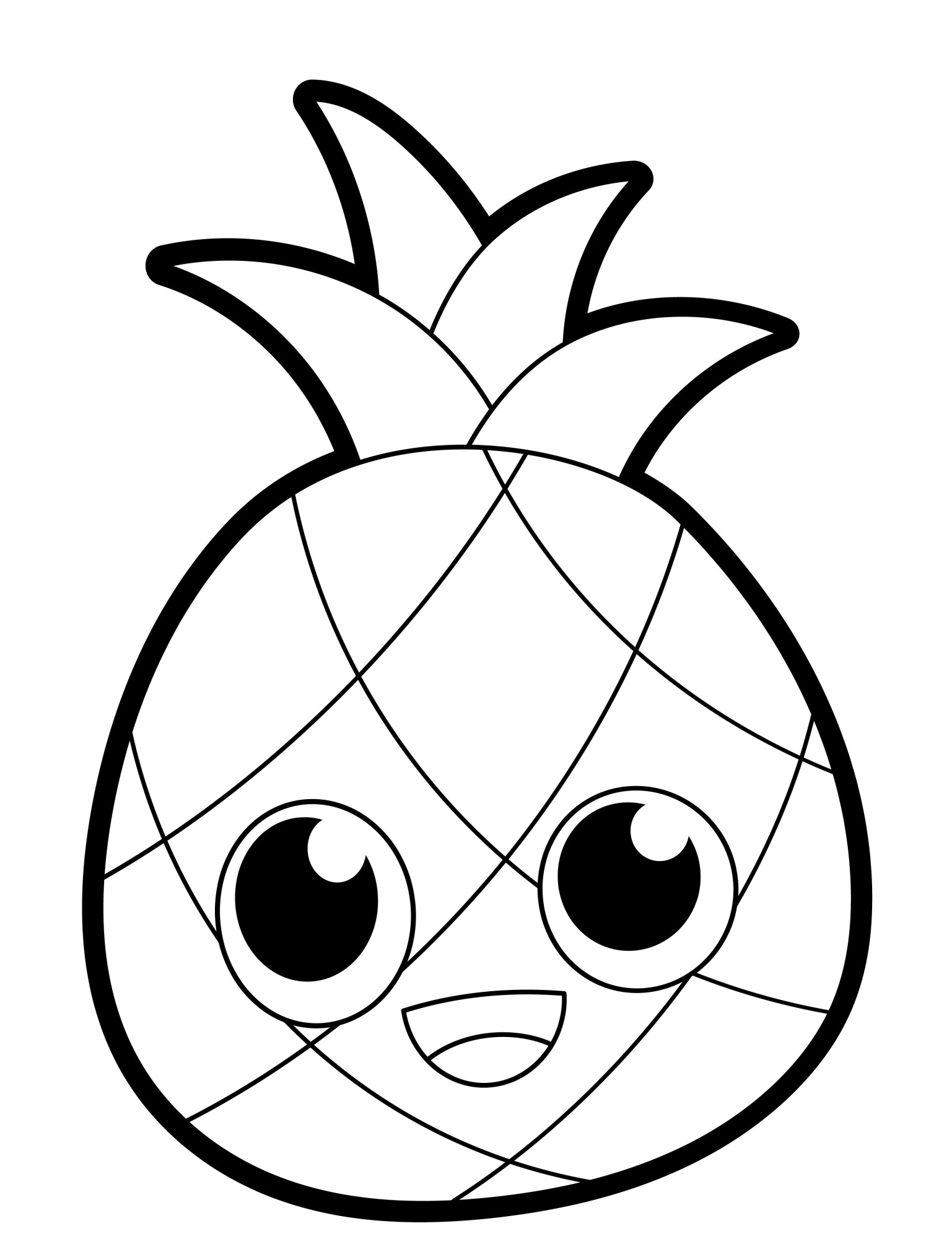 Раскраска для детей: ананас с добрым лицом и большими глазами
