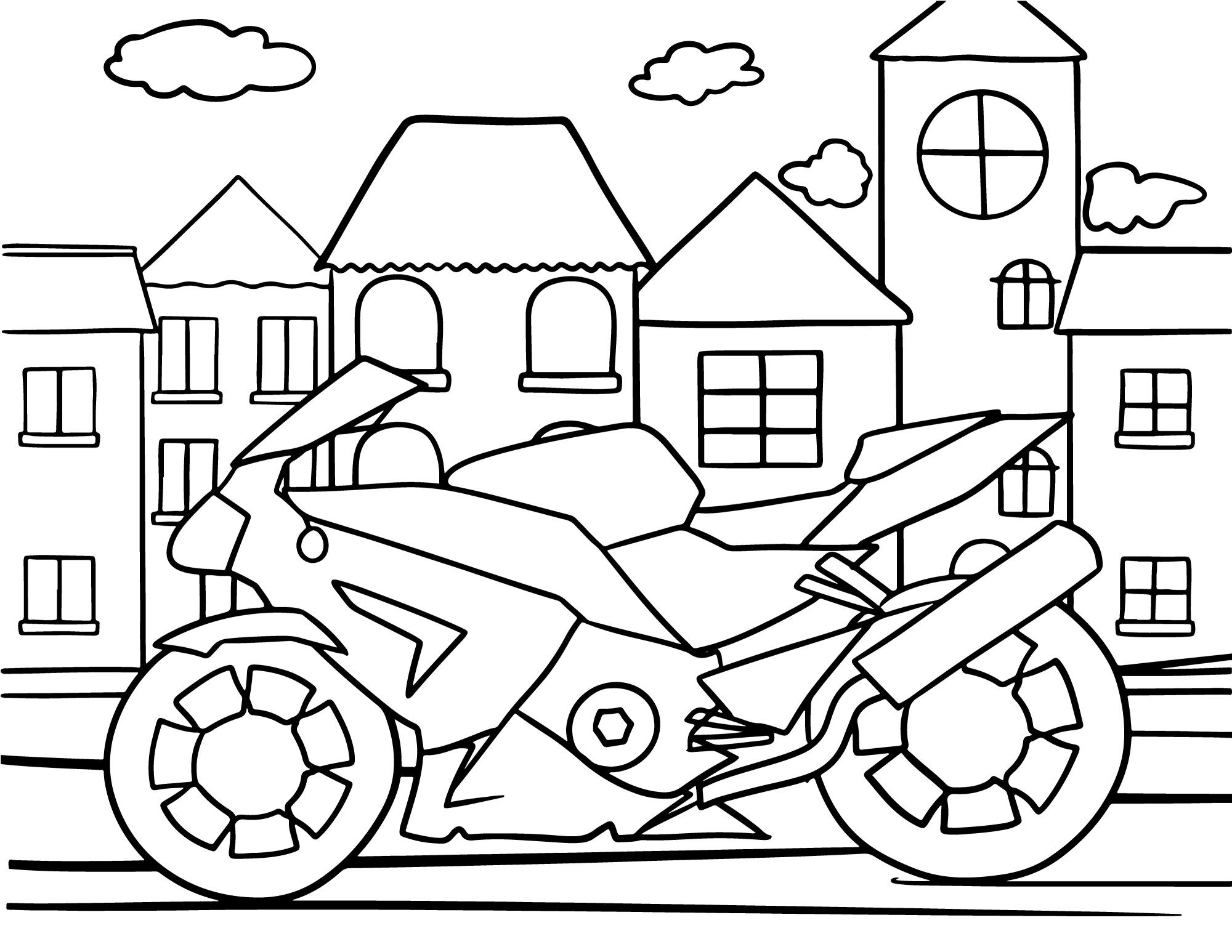 Раскраска для детей: гоночный мотоцикл на фоне города