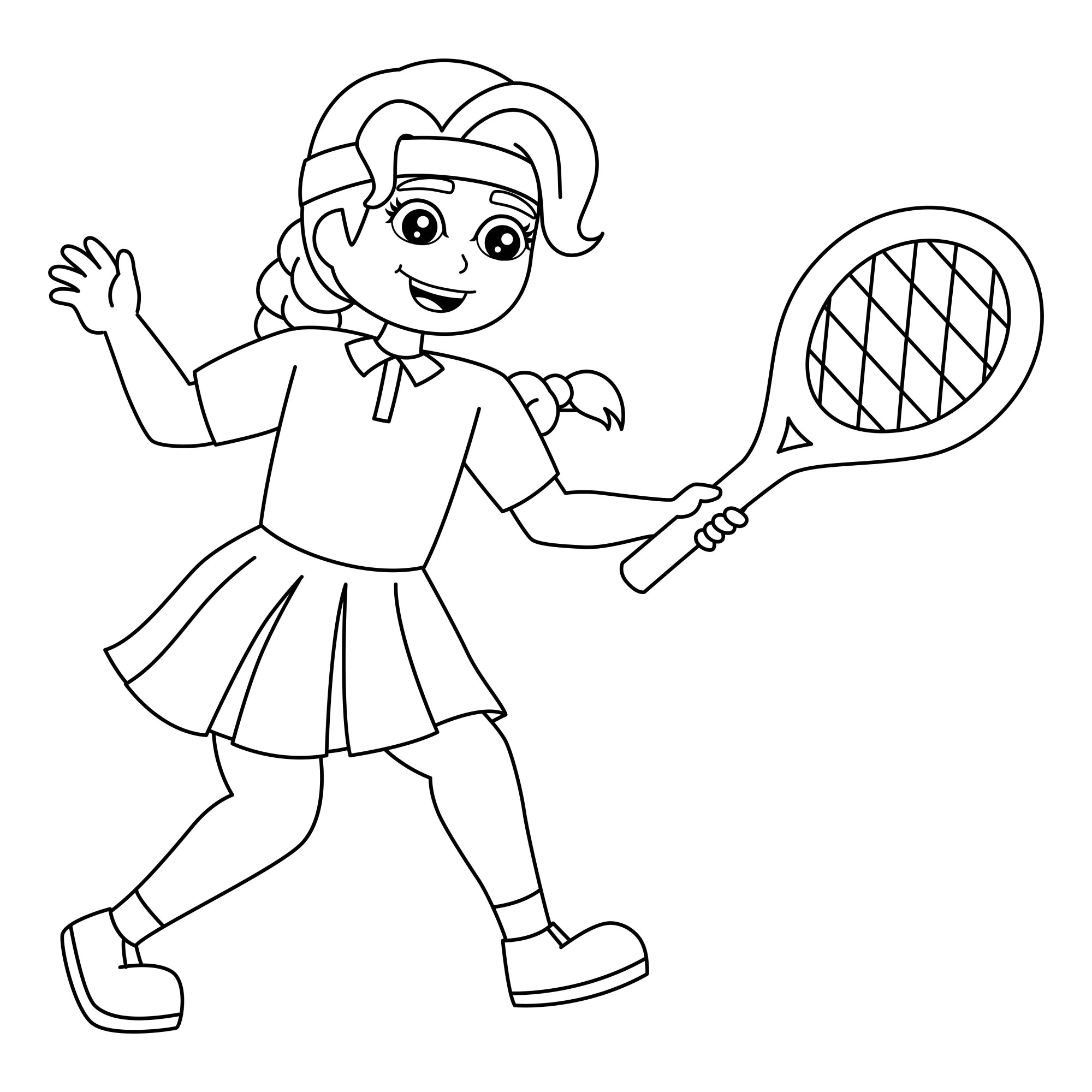 Раскраска для детей: девочка с ракеткой играет в бадминтон
