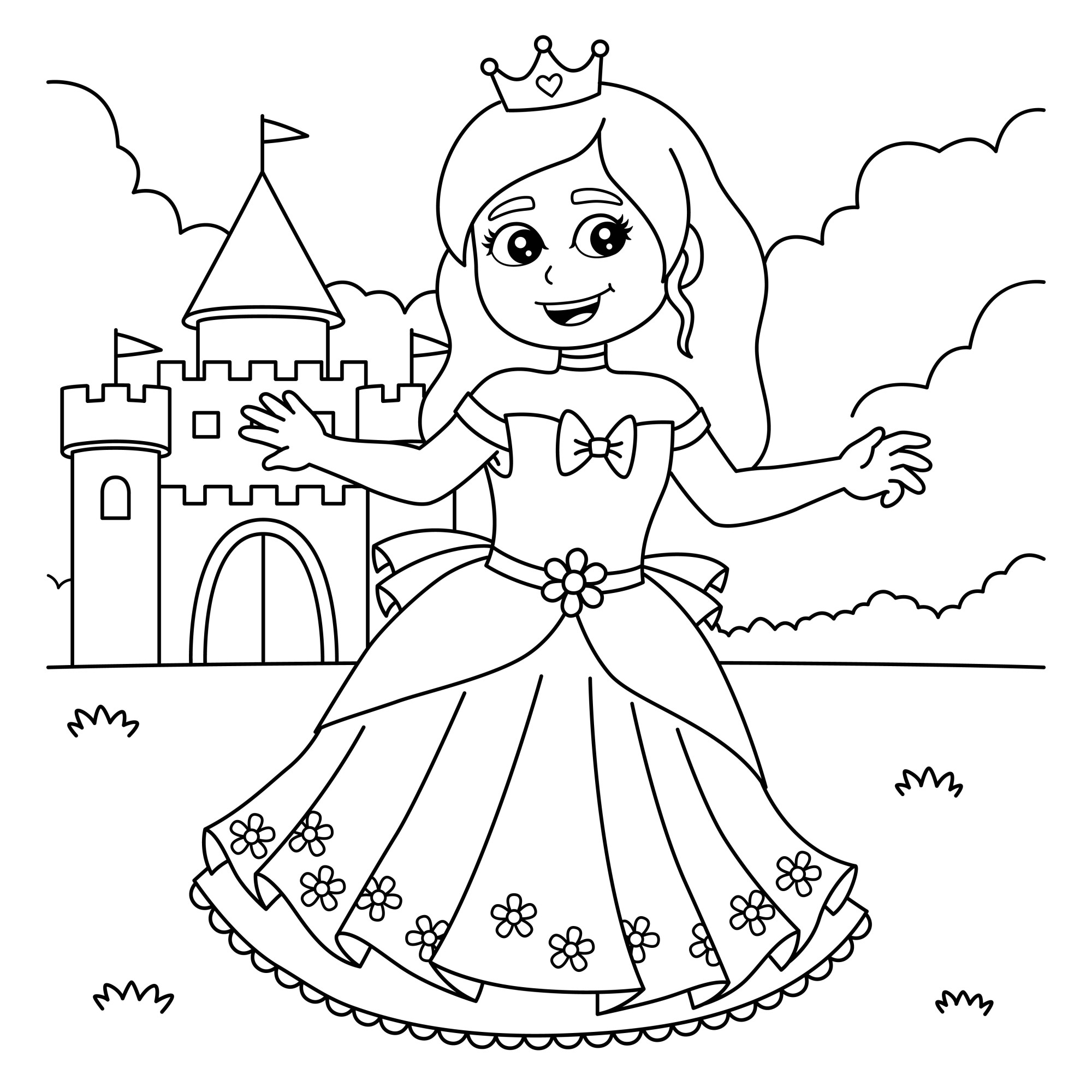 Раскраска для детей: принцесса танцует перед замком