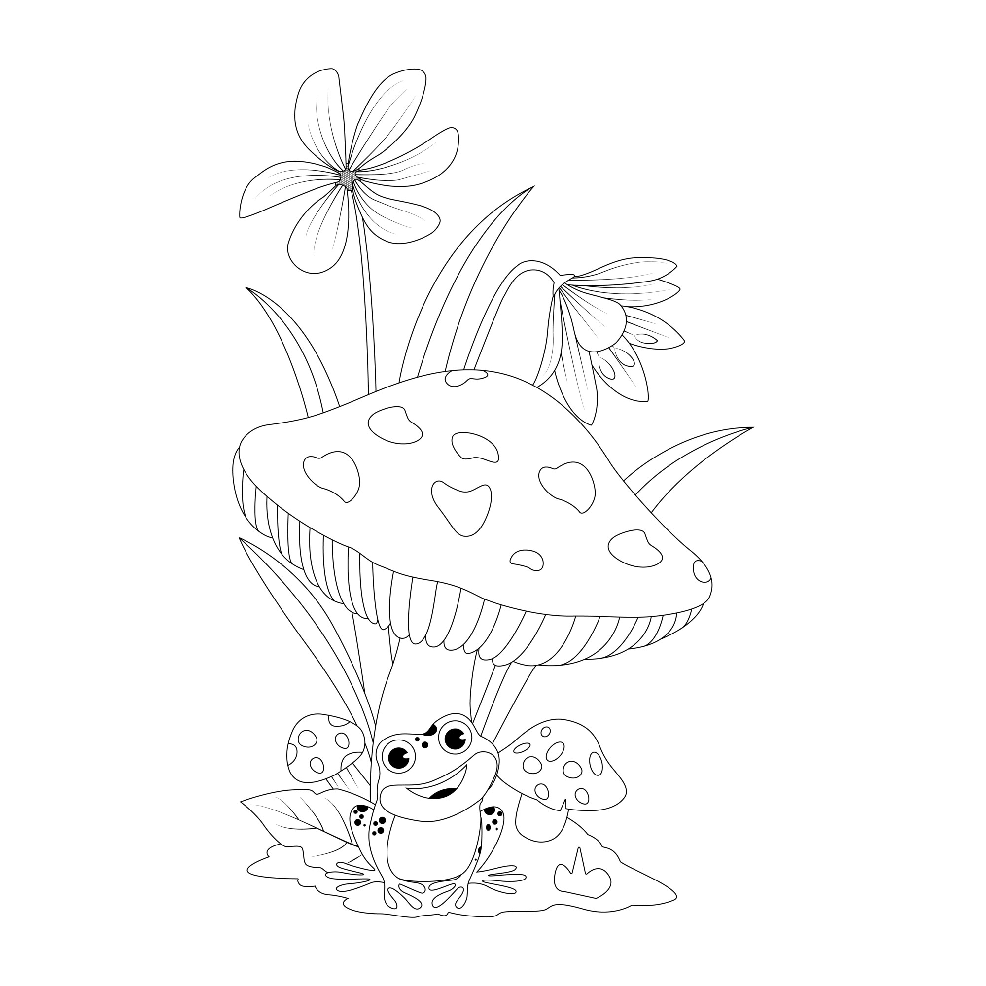 Раскраска для детей: мультяшный гриб с лягушкой и цветами