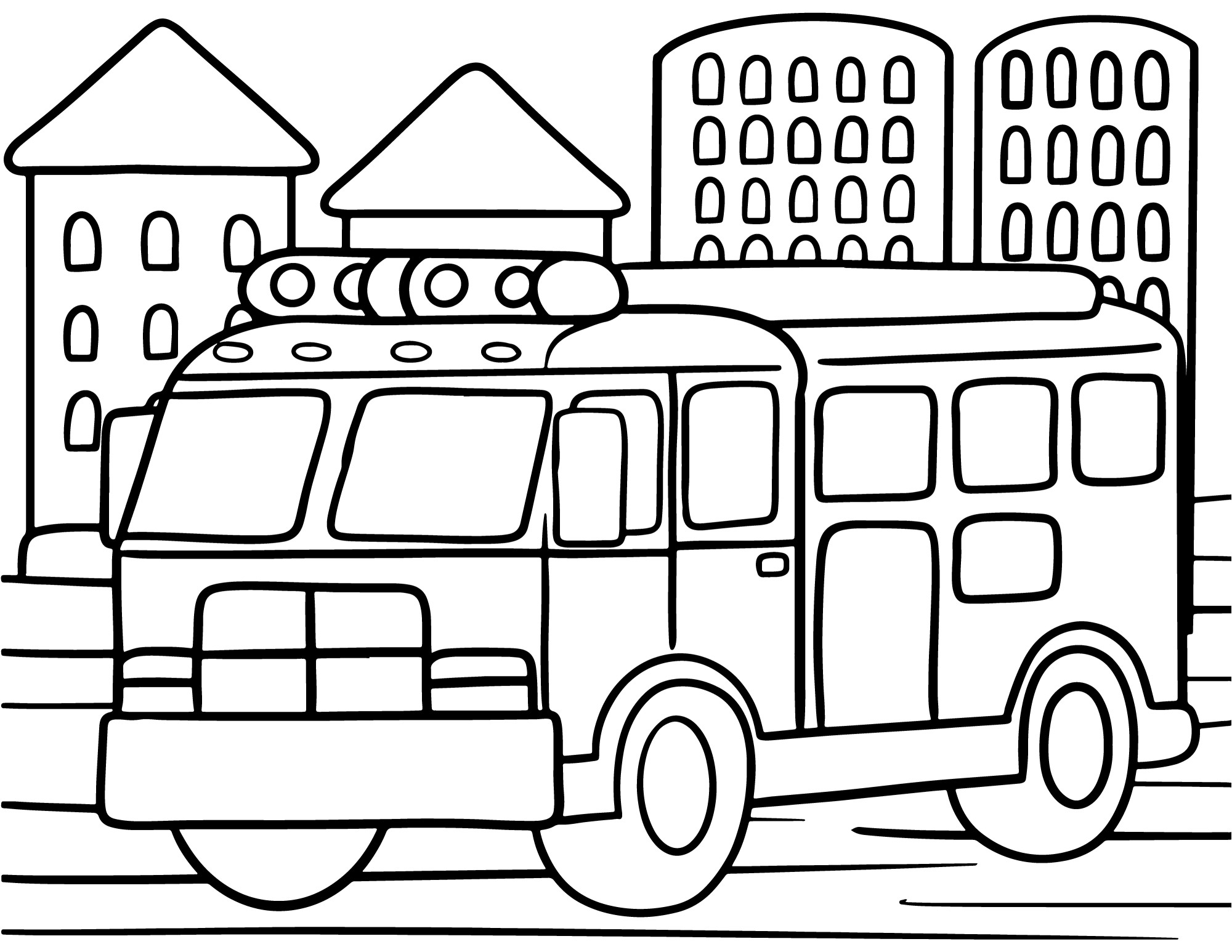 Раскраска для детей: пожарная машина на фоне города