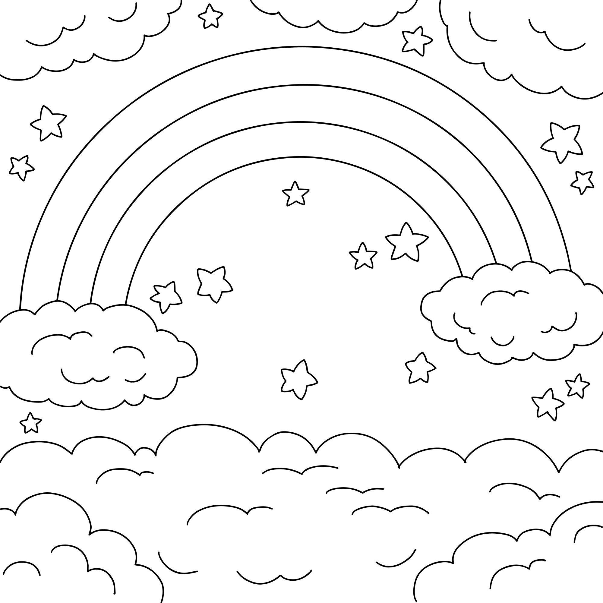 Раскраска для детей: живописный вид радуги в облаках со звездами