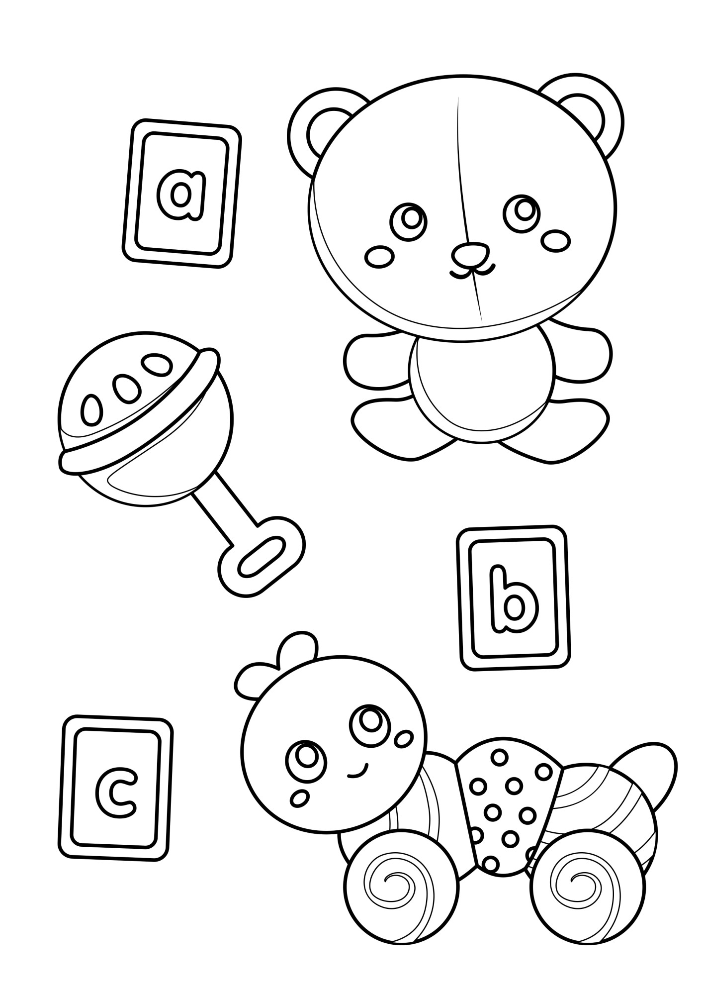 Раскраска для детей: игрушки для малышей: медвежонок, погремушка, карточки, гусеница на колесах