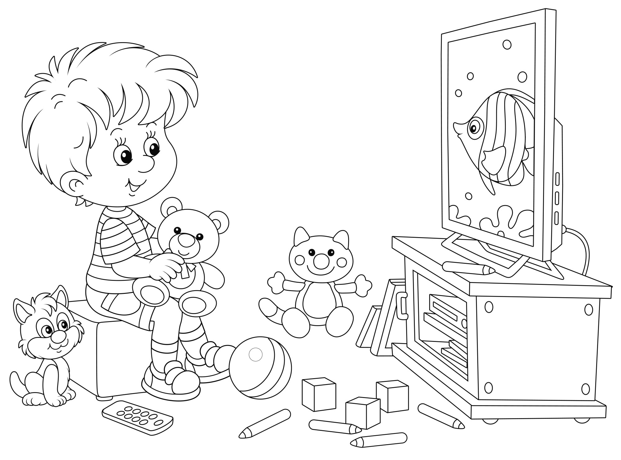 Раскраска для детей: маленький мальчик с игрушками перед телевизором