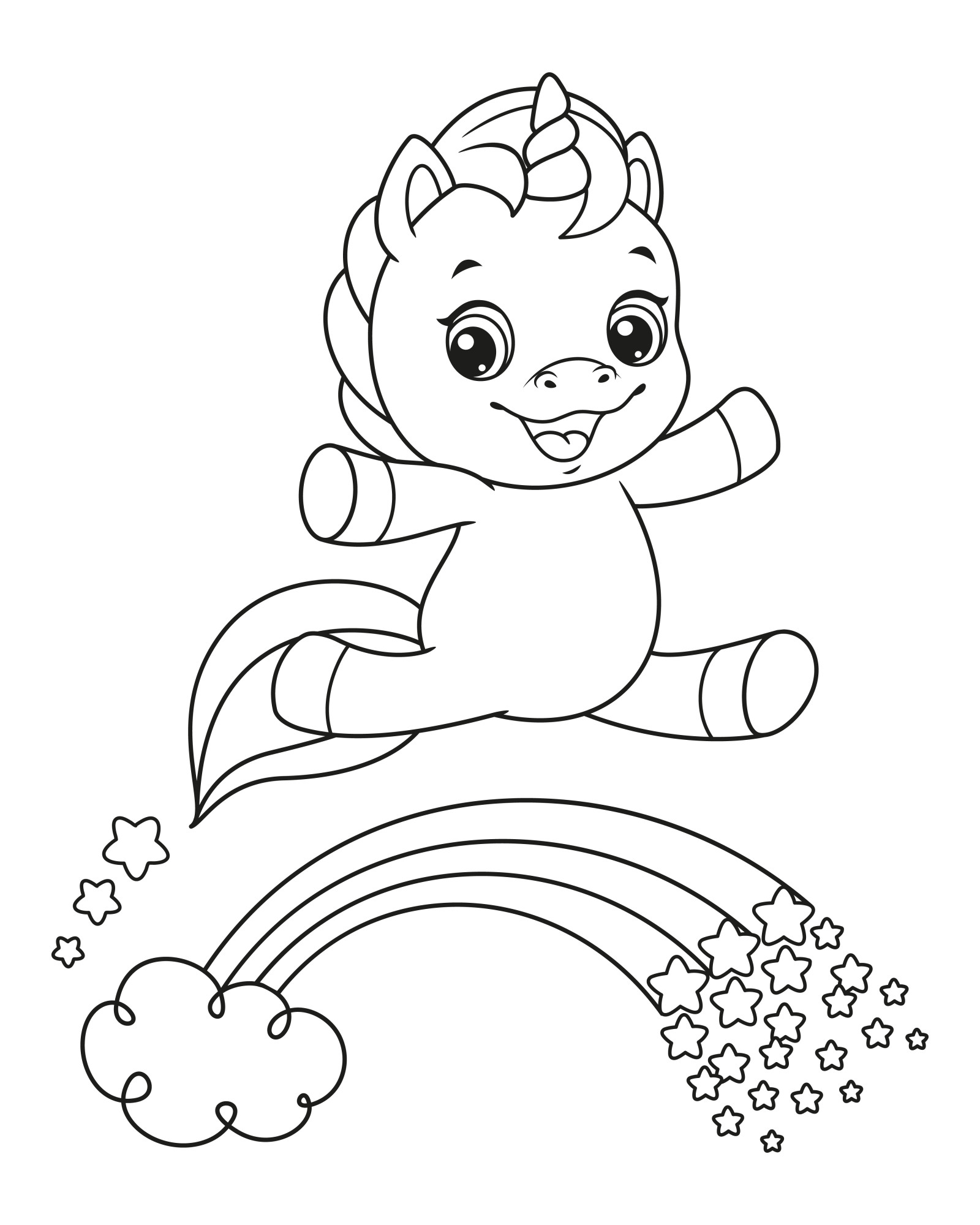 Раскраска для детей: маленький единорог прыгает на радуге