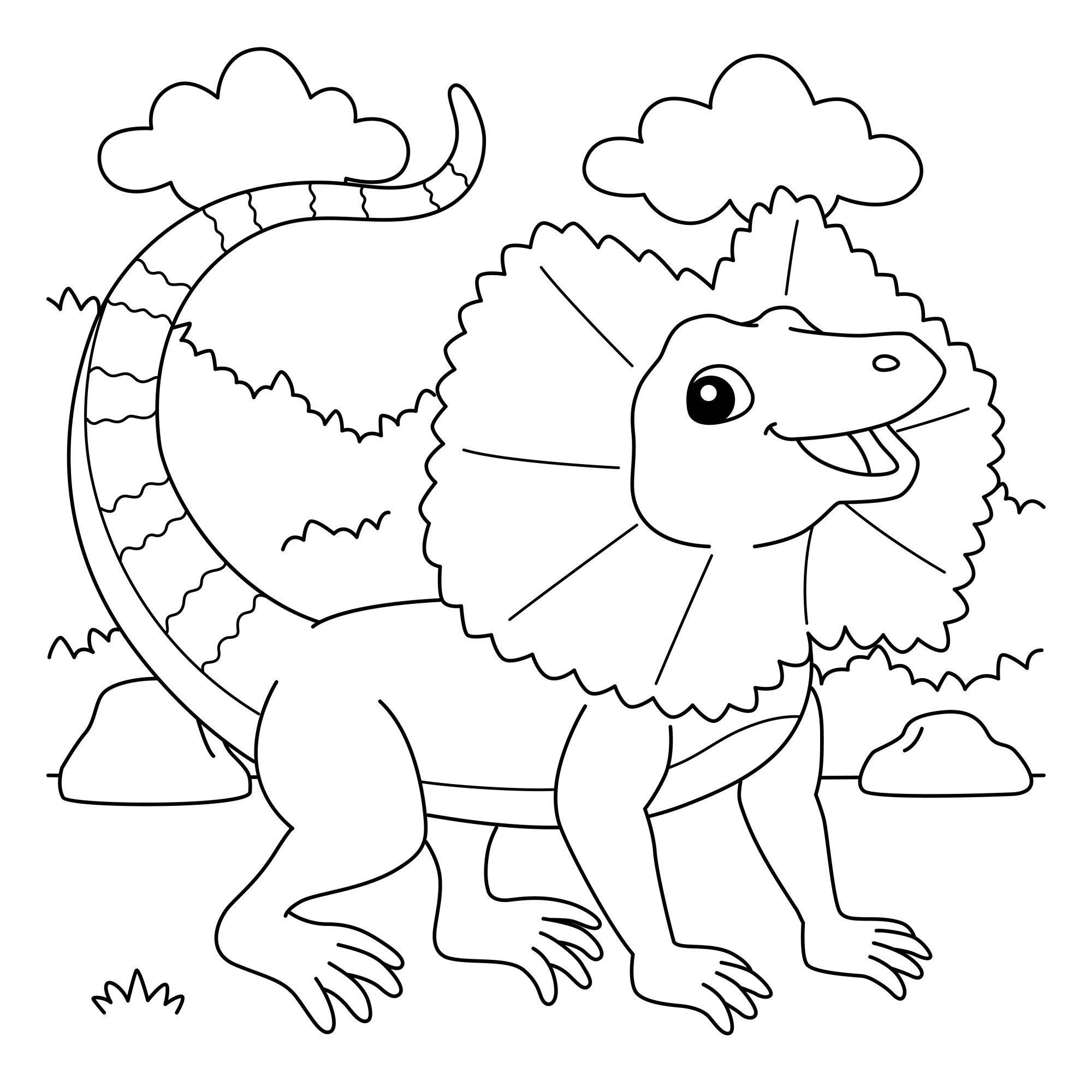 Раскраска для детей: динозавр ящерица на фоне неба