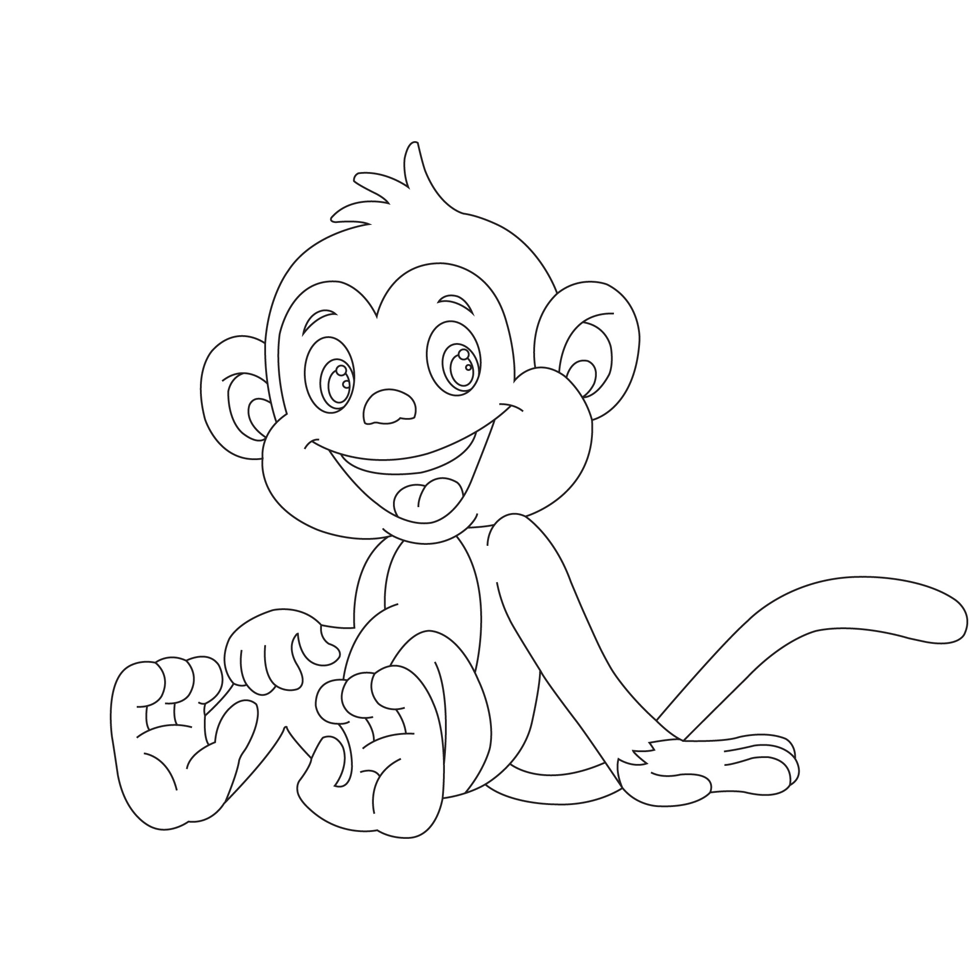 Раскраска для детей: маленькая обезьянка сидит и смеется