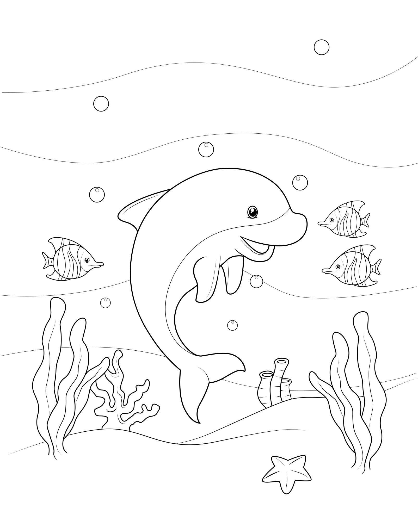 Раскраска для детей: дельфин с милыми рыбками на дне