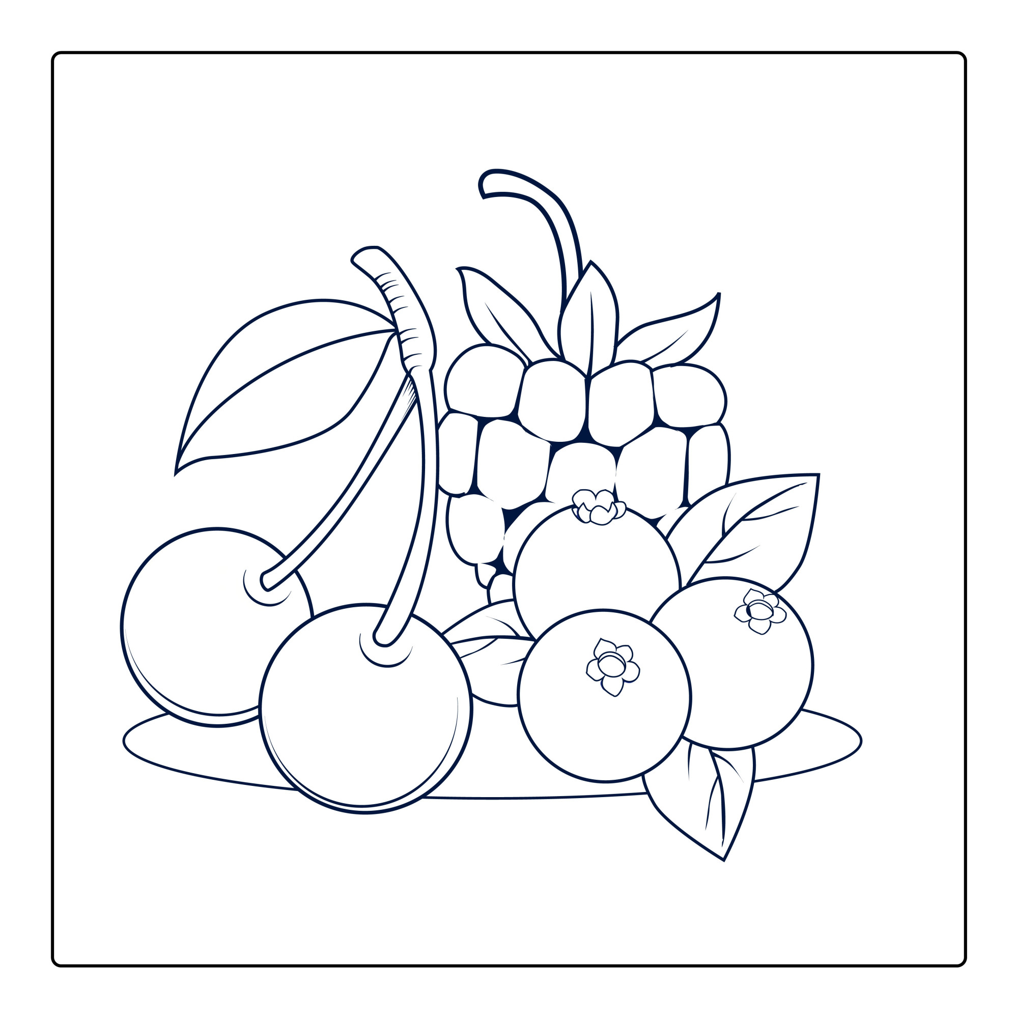 Раскраска для детей: ягода малины с вишней и черникой