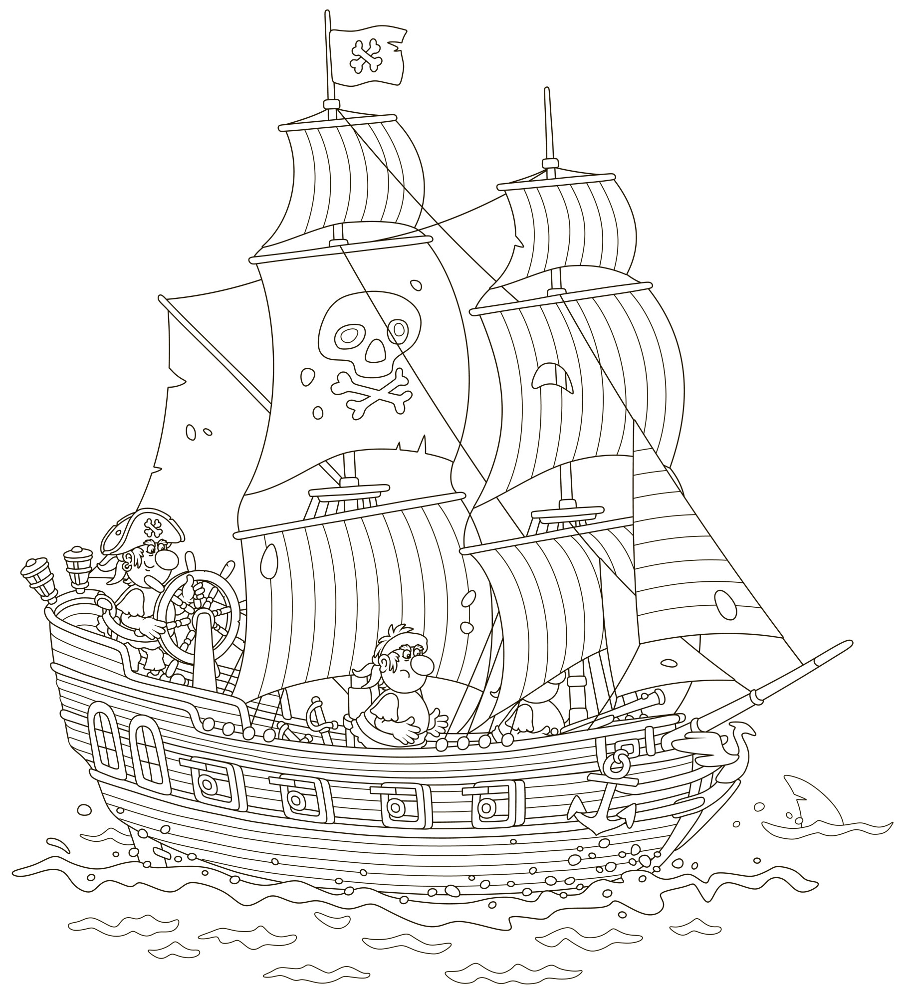 Раскраска для детей: большой пиратский корабль с пушками и флагом