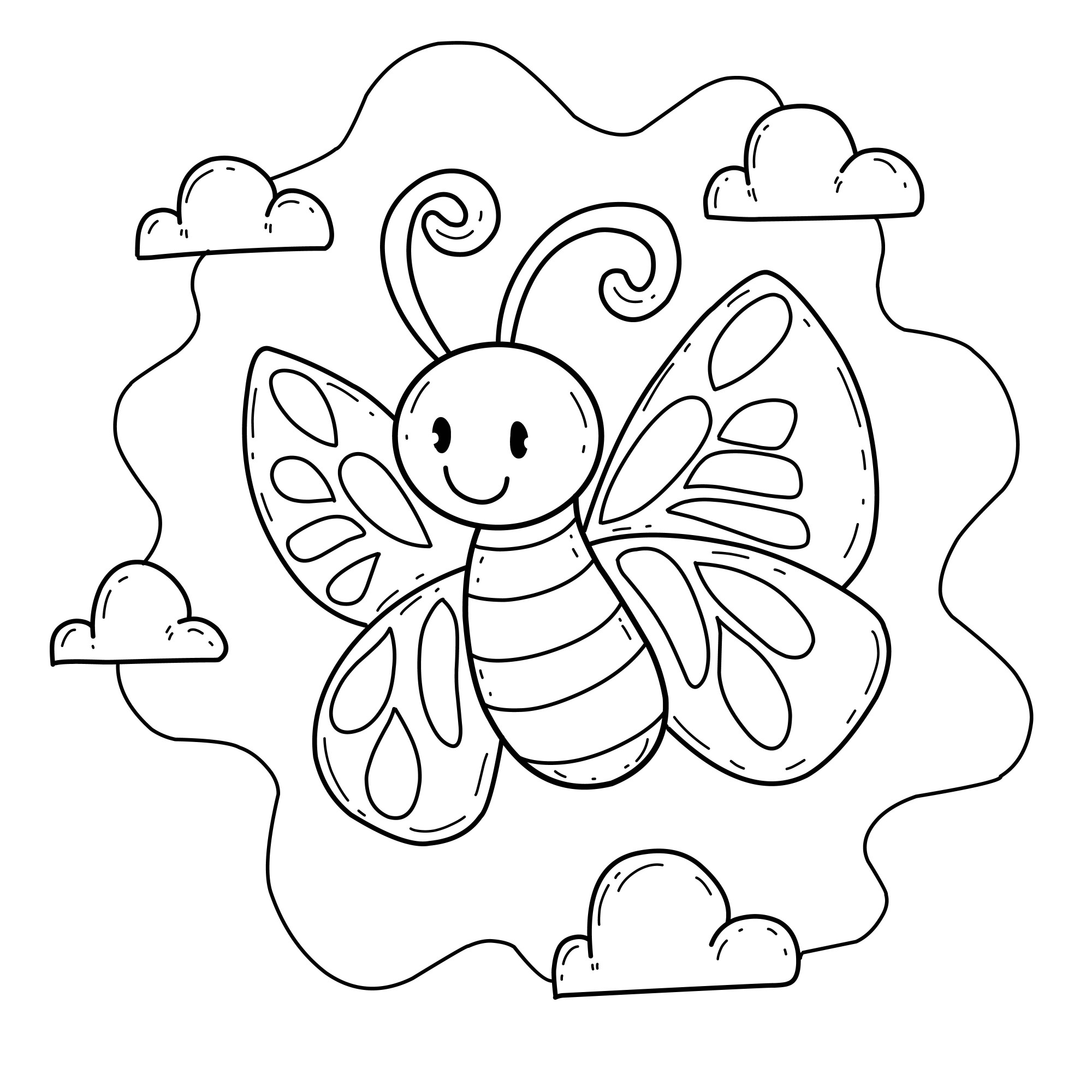 Раскраска для детей: бабочка порхает в небе на фоне облаков