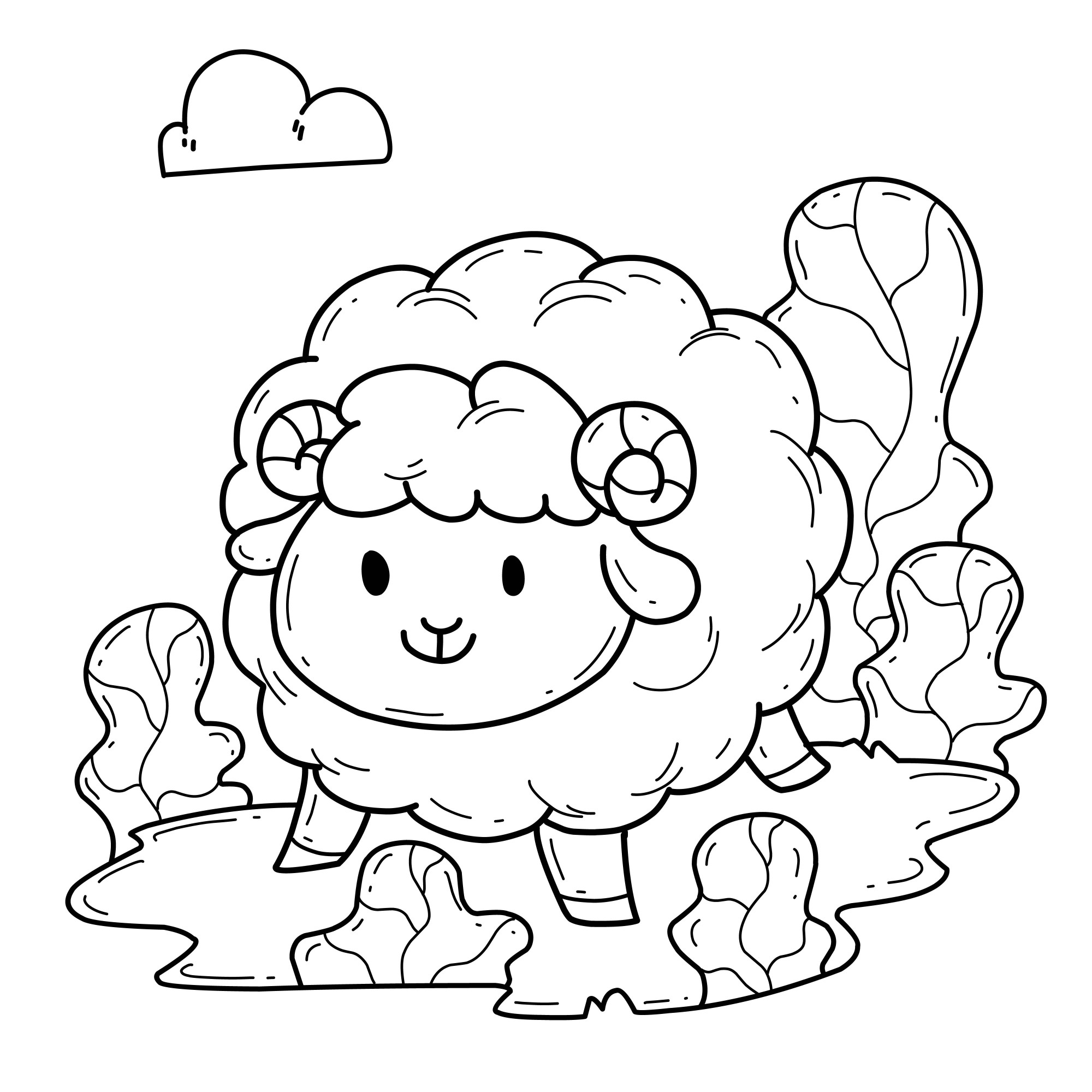 Раскраска для детей: пушистая упитанная овца в траве