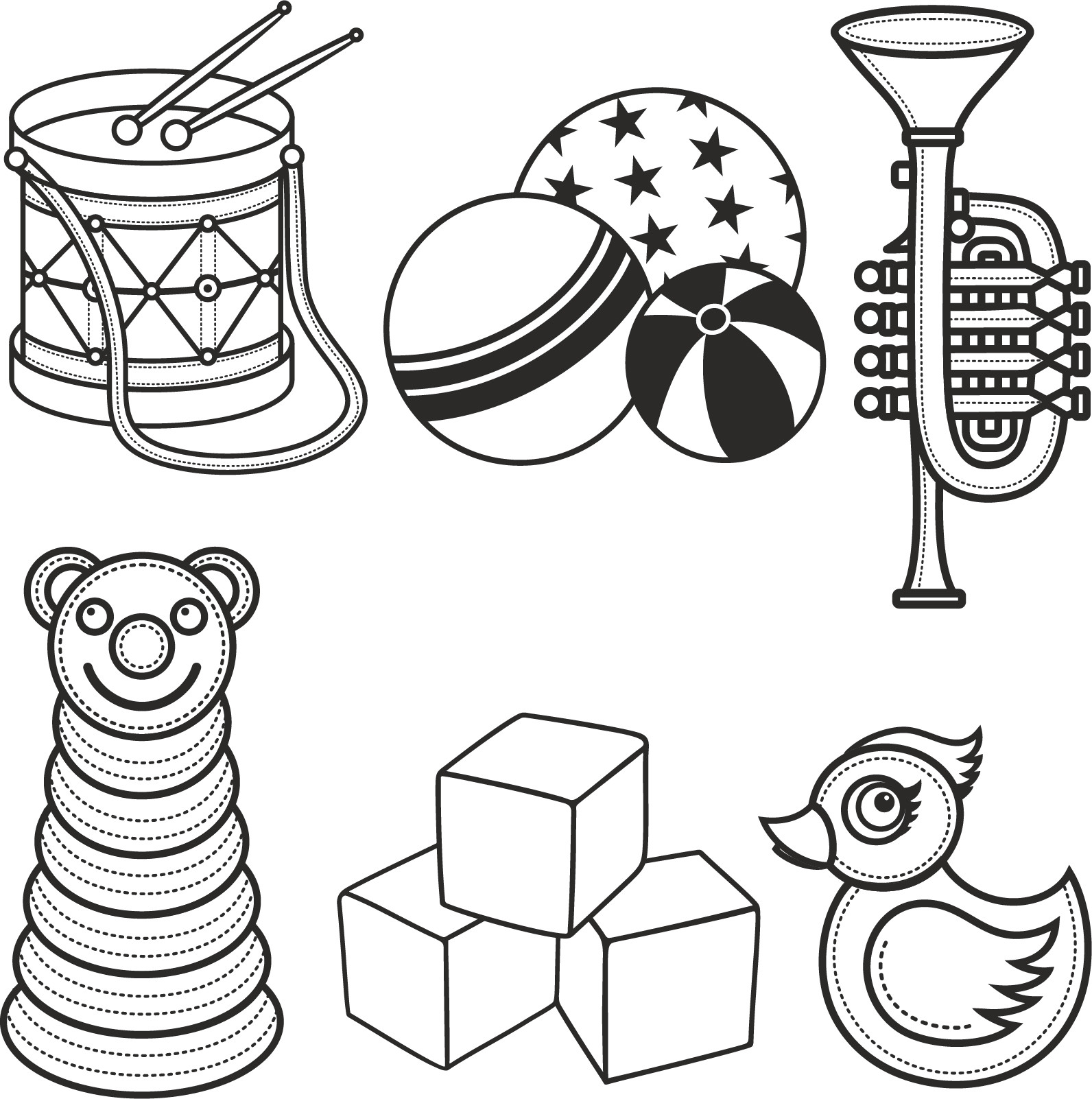 Раскраска для детей: детские игрушки: барабан с палочками, мячики, музыкальная труба, пирамидка, уточка