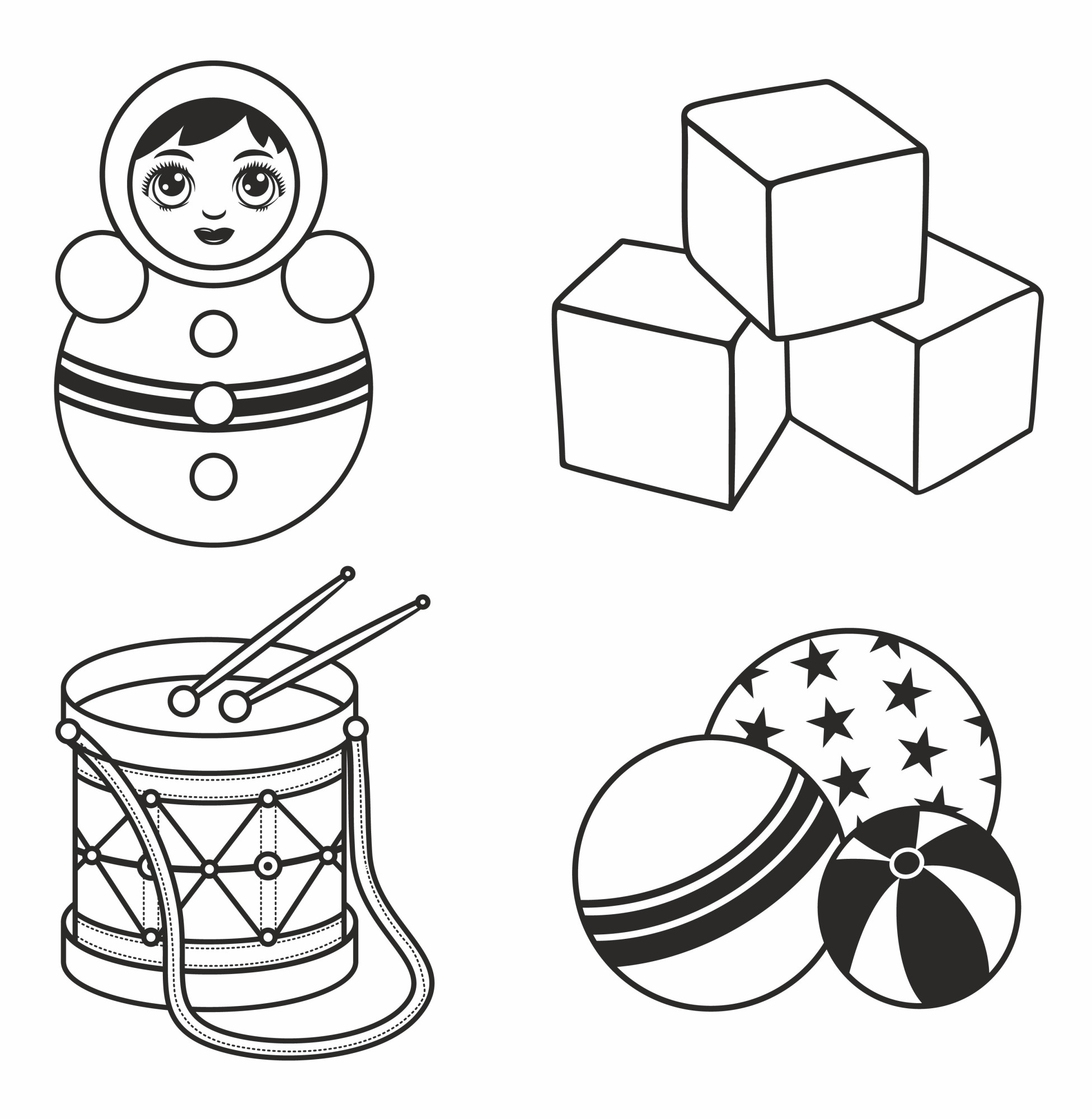Раскраска для детей: игрушки для детей: кубики, барабан с палочками, неваляшка и мячики