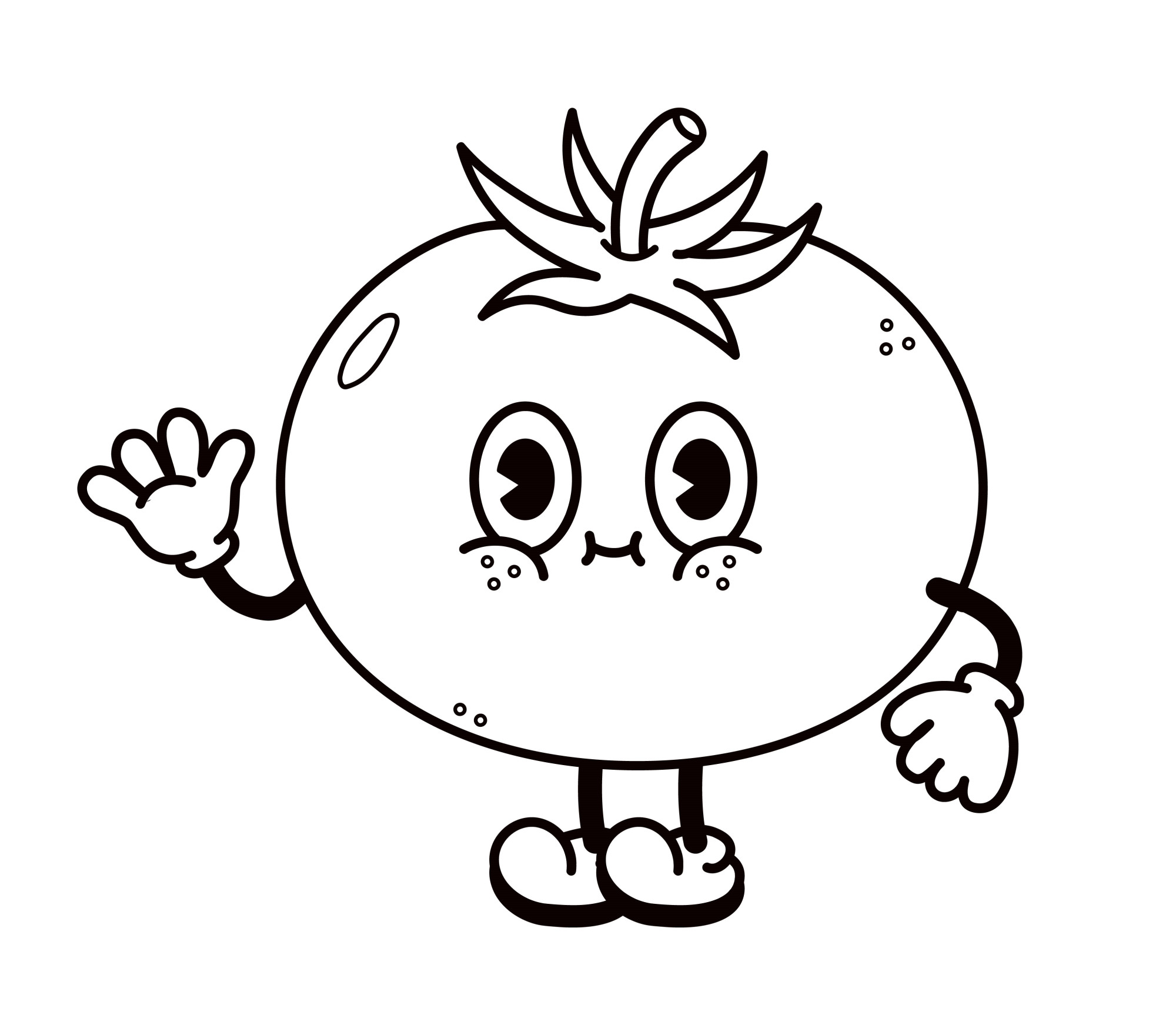 Раскраска для детей: мультяшный сеньор помидор с глазами машет рукой