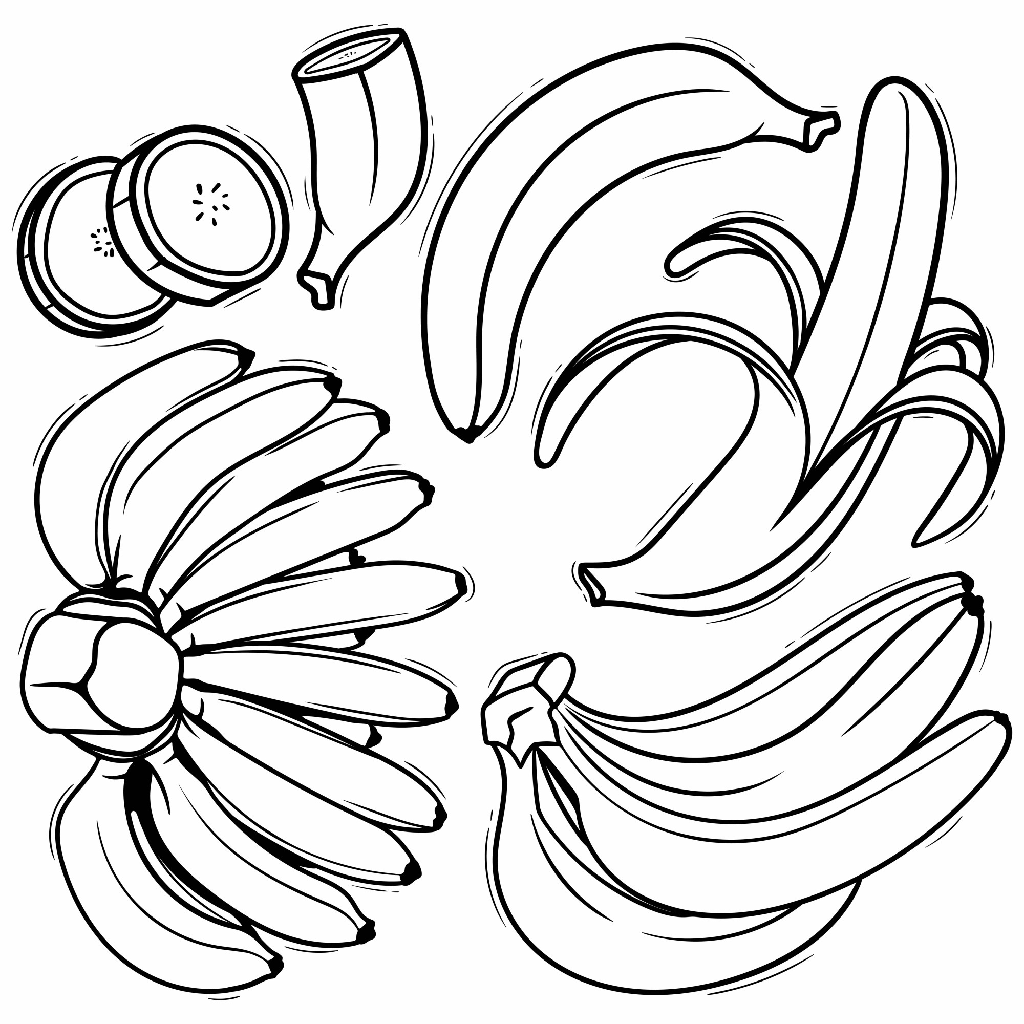 Раскраска для детей: экзотические бананы с дольками и половинкой