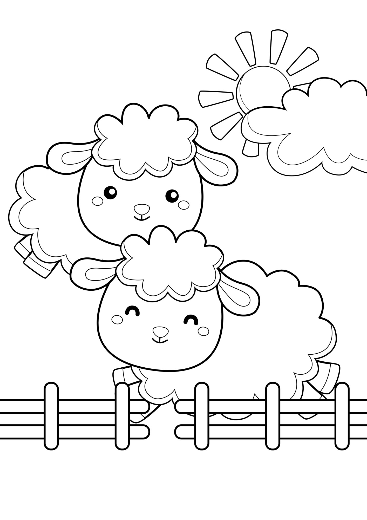 Раскраска для детей: две овечки на ферме бегают у забора