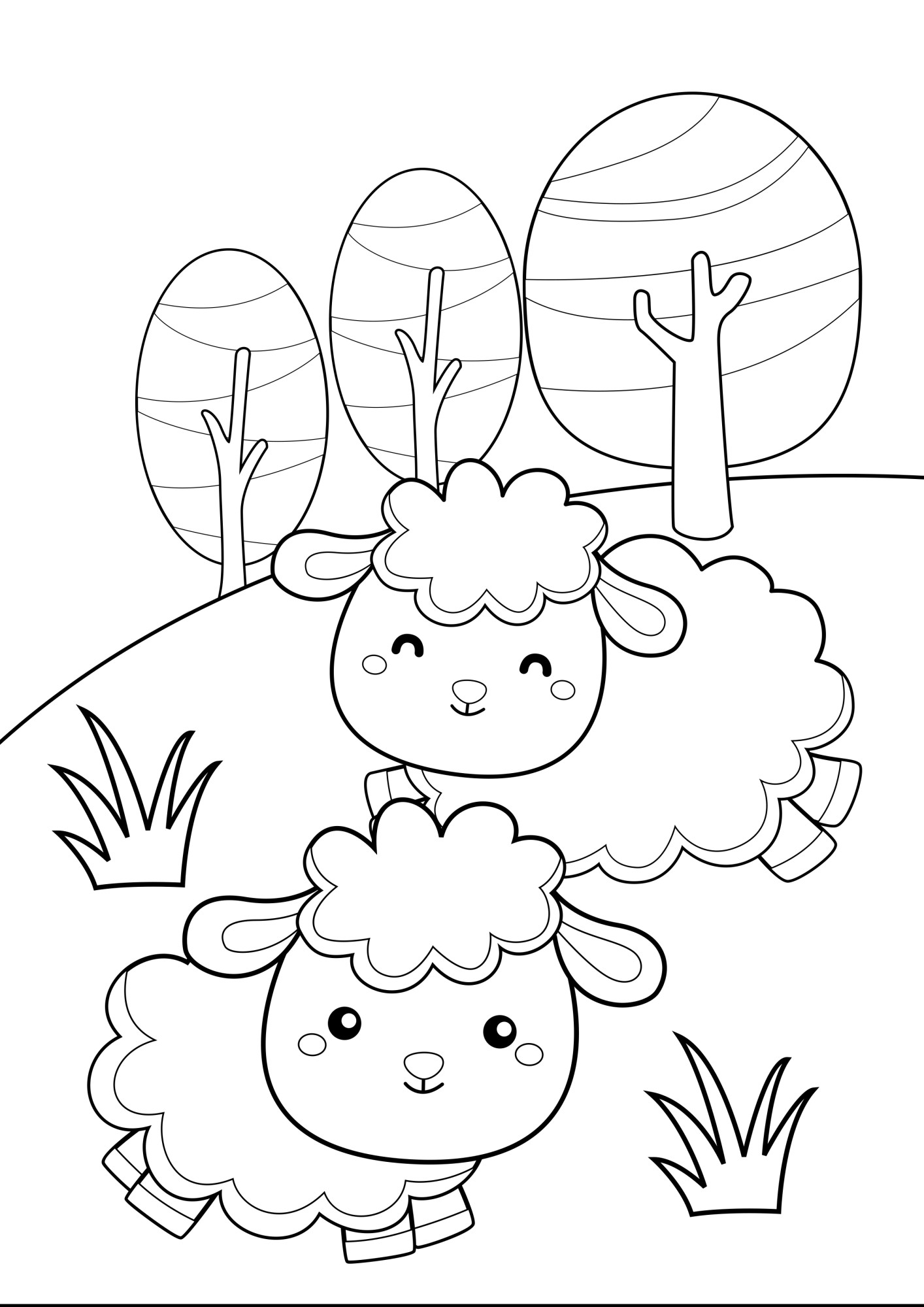 Раскраска для детей: две овечки на лугу играют