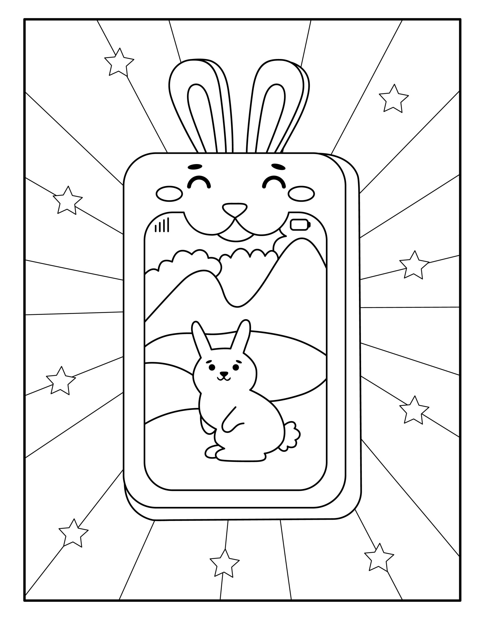 Раскраска для детей: игрушка смартфон с зайчиком